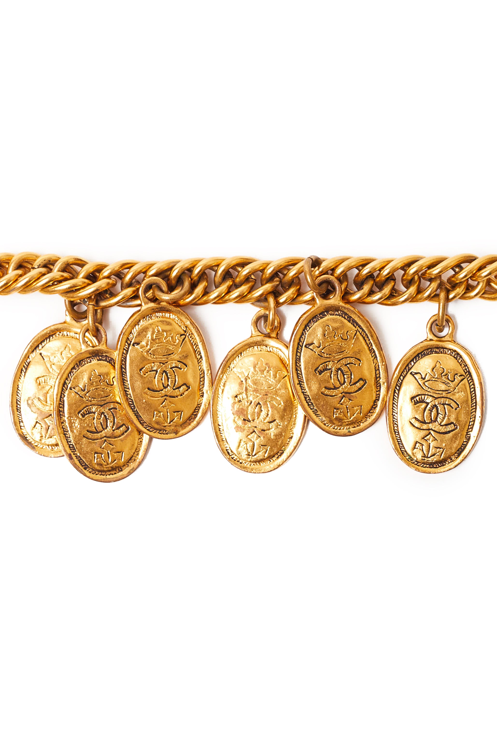 Chanel <br> 1980's gold plated CC crown logo coin charm bracelet