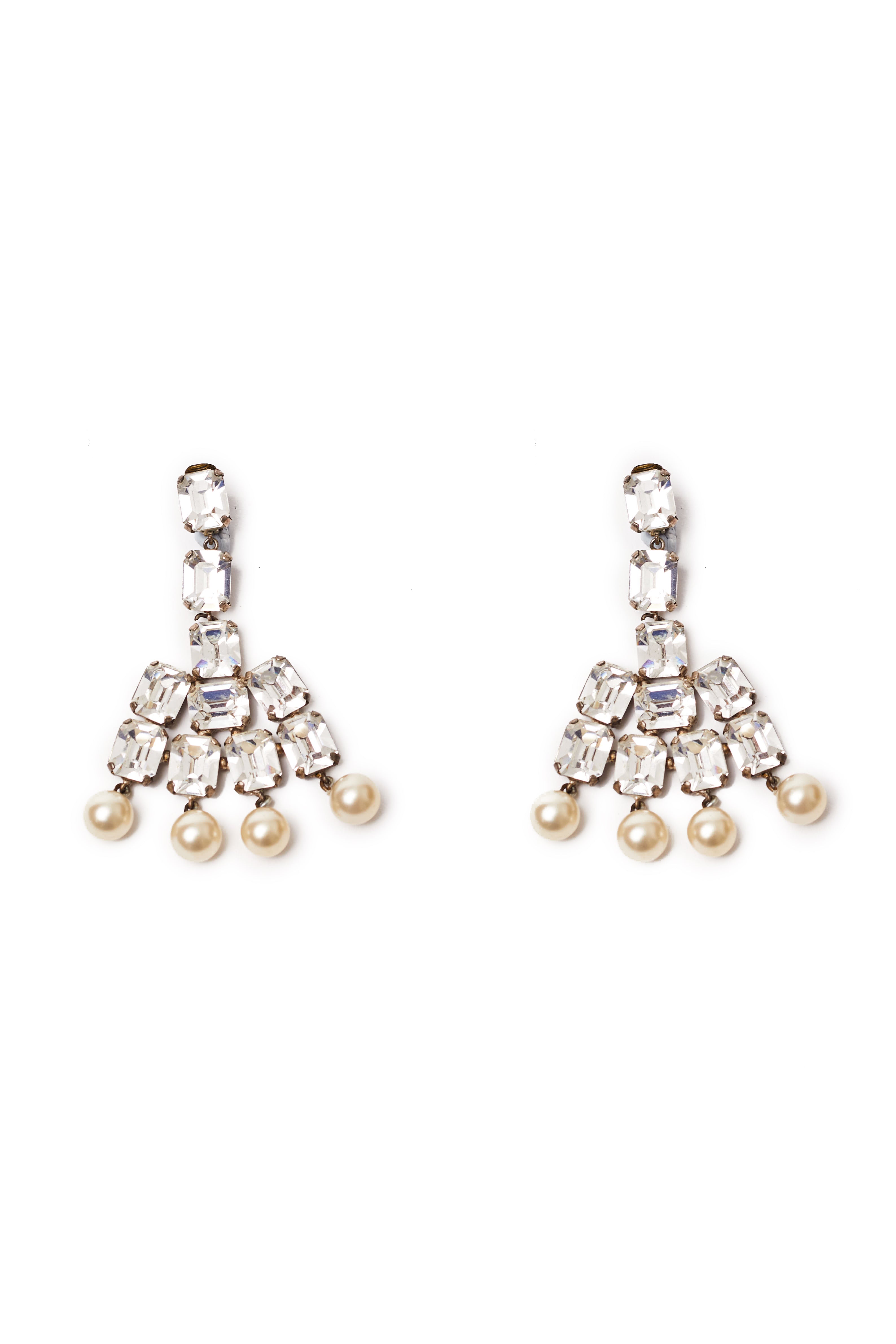 Vintage <br> 50's/60's French faceted glass crystal & pearl dangle earrings