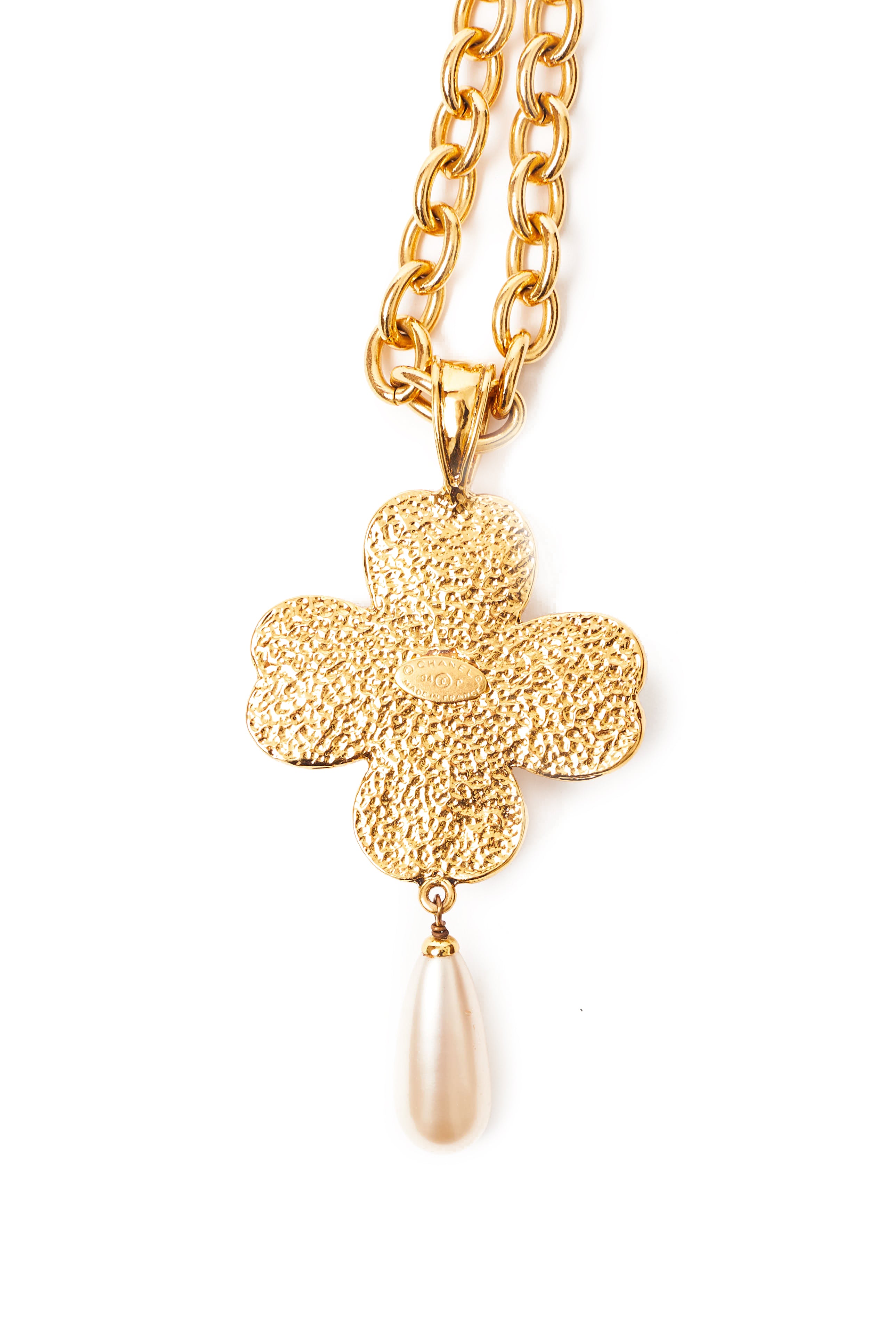 Chanel <br> 94P Gripoix pearl dangle cross pendant necklace