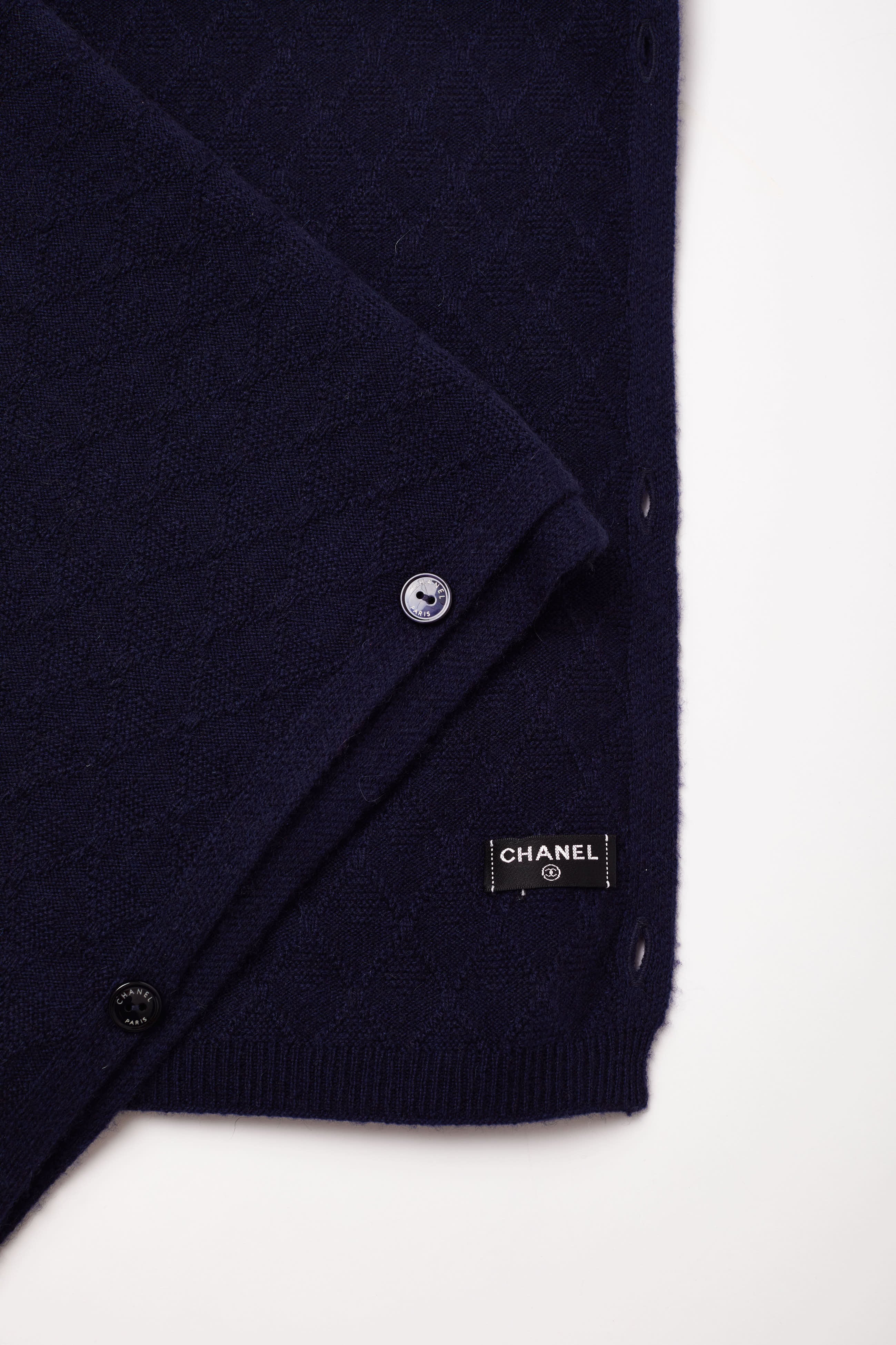 Chanel <br> 2017 cashmere knit scarf with logo button detail