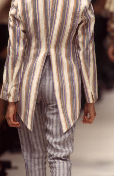 Romeo Gigli <br> S/S 1994 runway striped beaded long line jacket