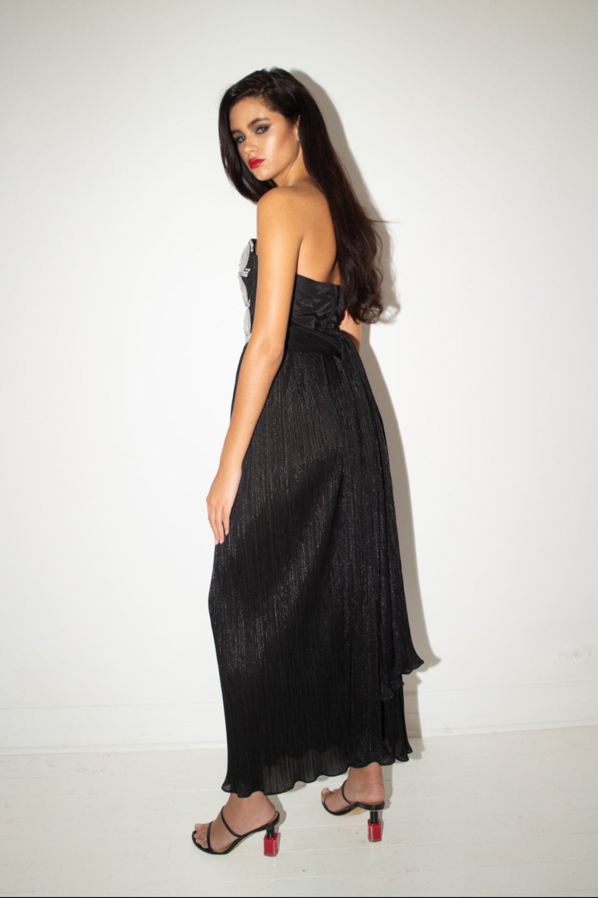 Helen Storey <br> 1988 runway plisse pleat bandeau dress with disc embellished bodice