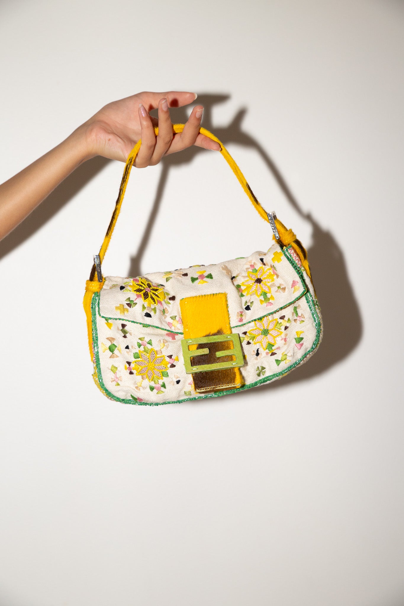 Fendi <br> 90's floral embroidered & beaded pony hair trim baguette bag