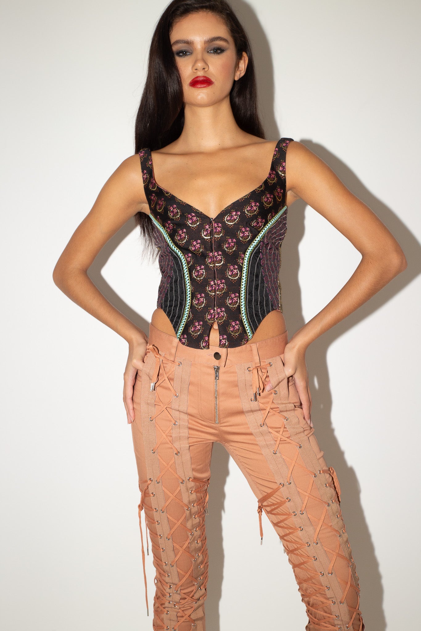 Etro <br> Lace-up metallic brocade bustier top