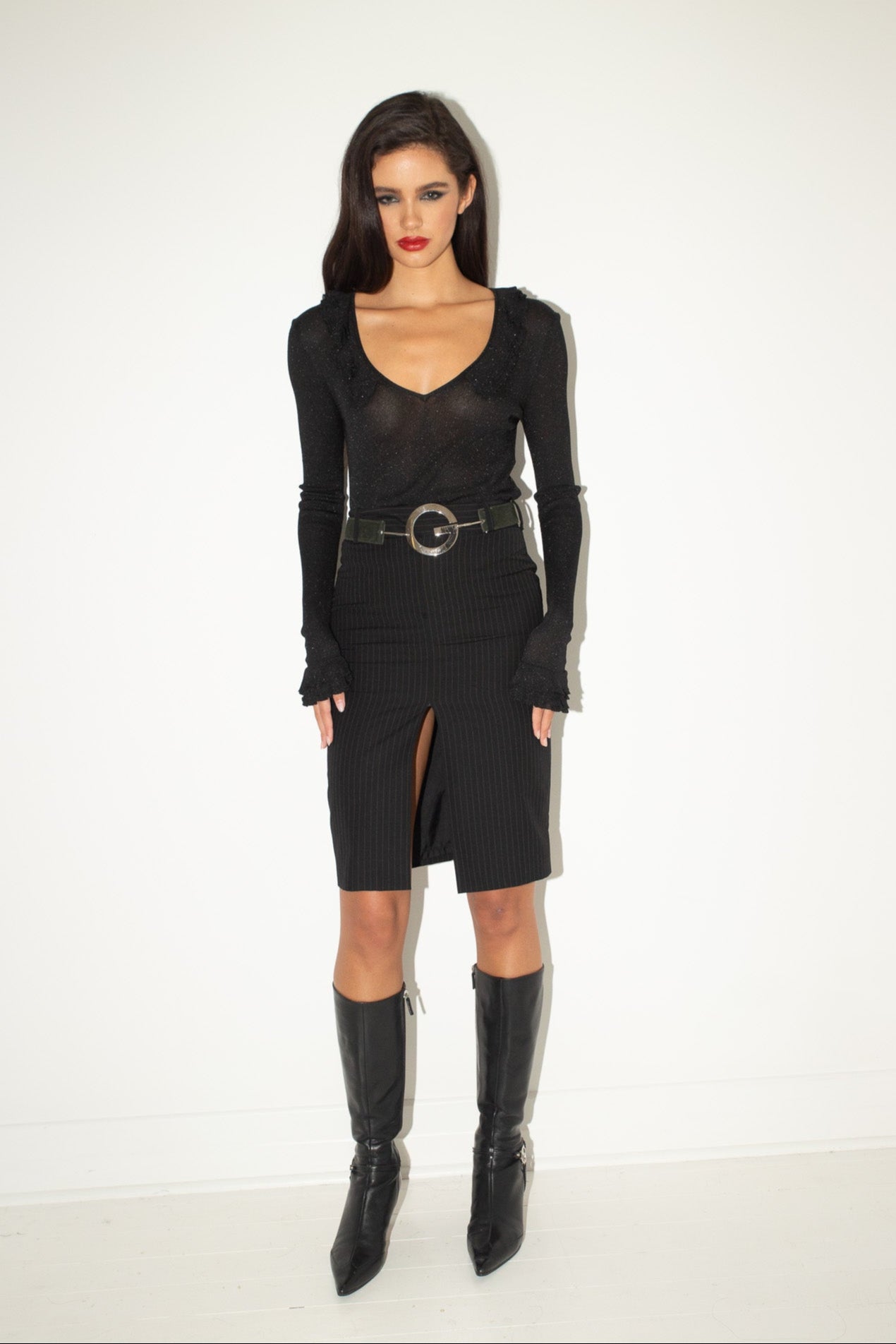 Gucci <br> Tom Ford F/W 2002 pinstripe front slit pencil skirt
