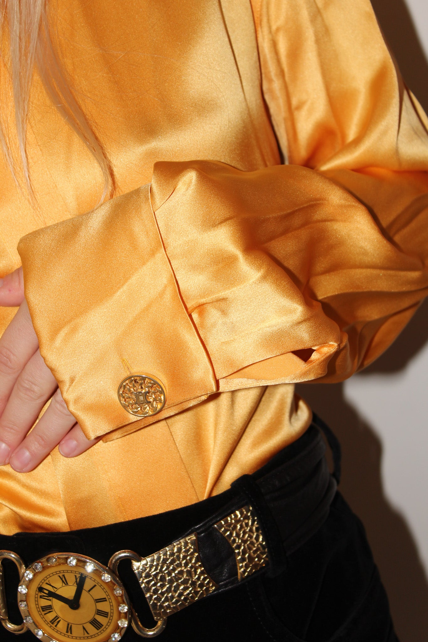Celine <br> 70's Triomphe logo button silk shirt
