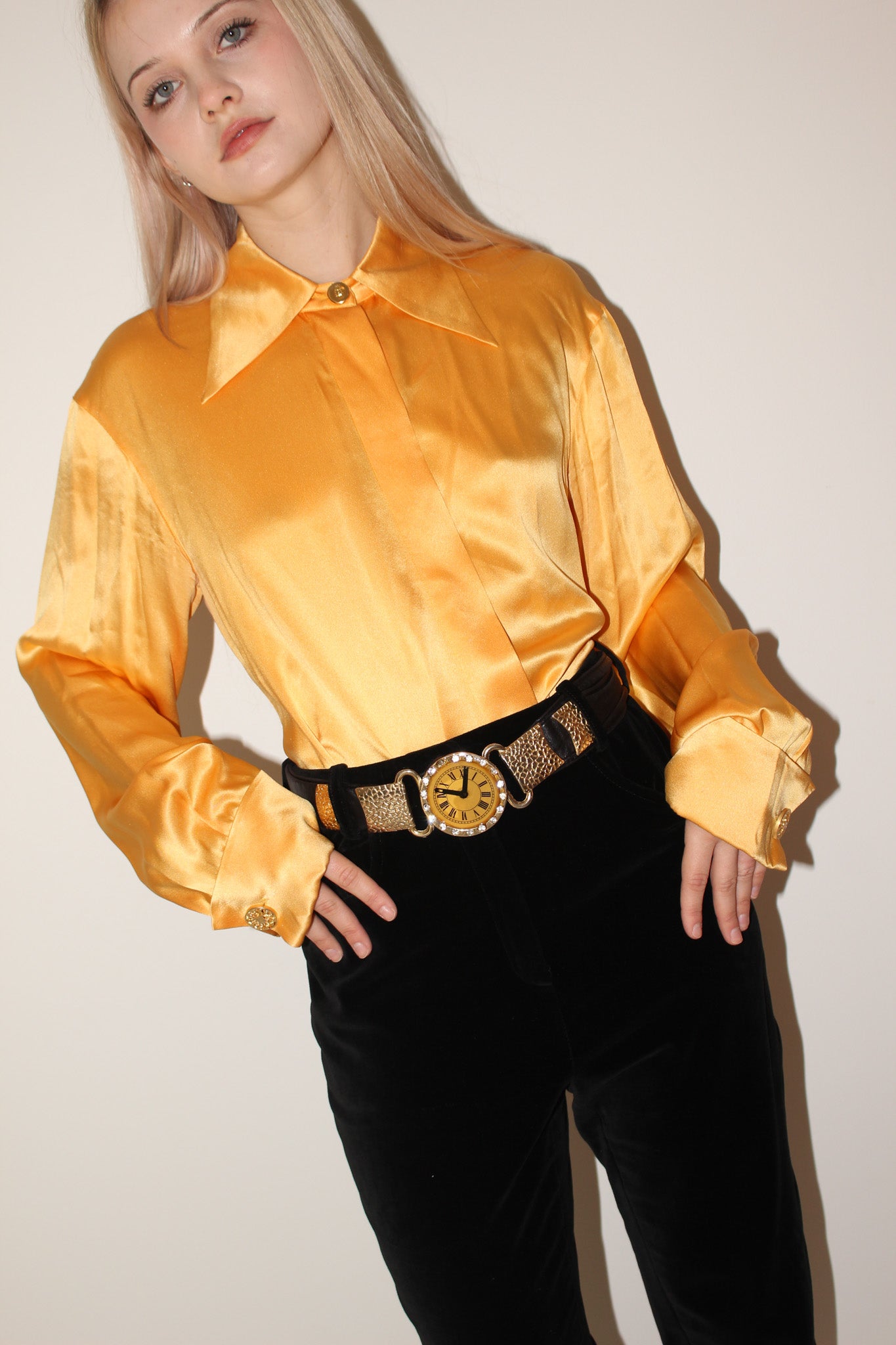 Celine <br> 70's Triomphe logo button silk shirt