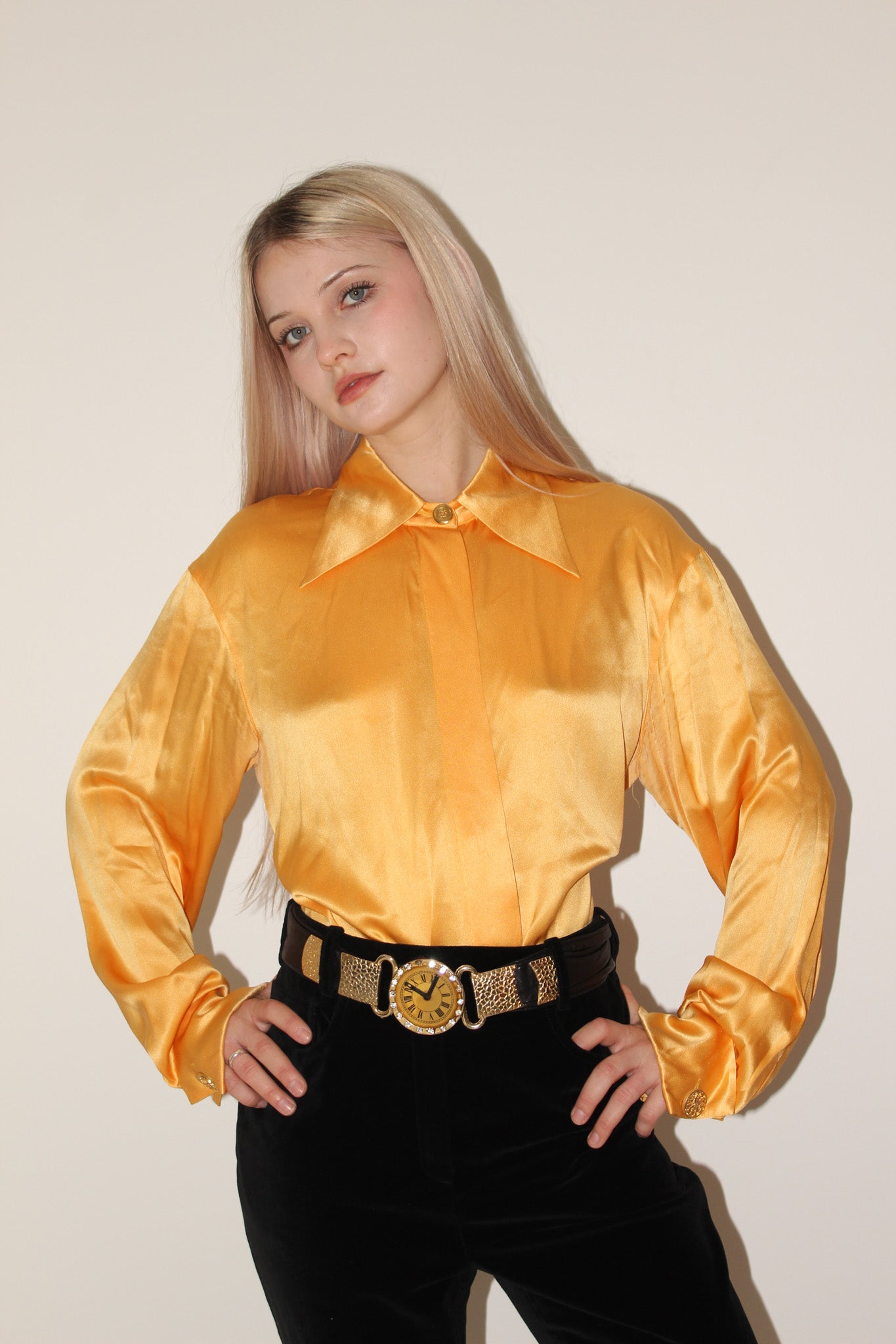 Celine <br> 70's Triomphe logo button silk shirt