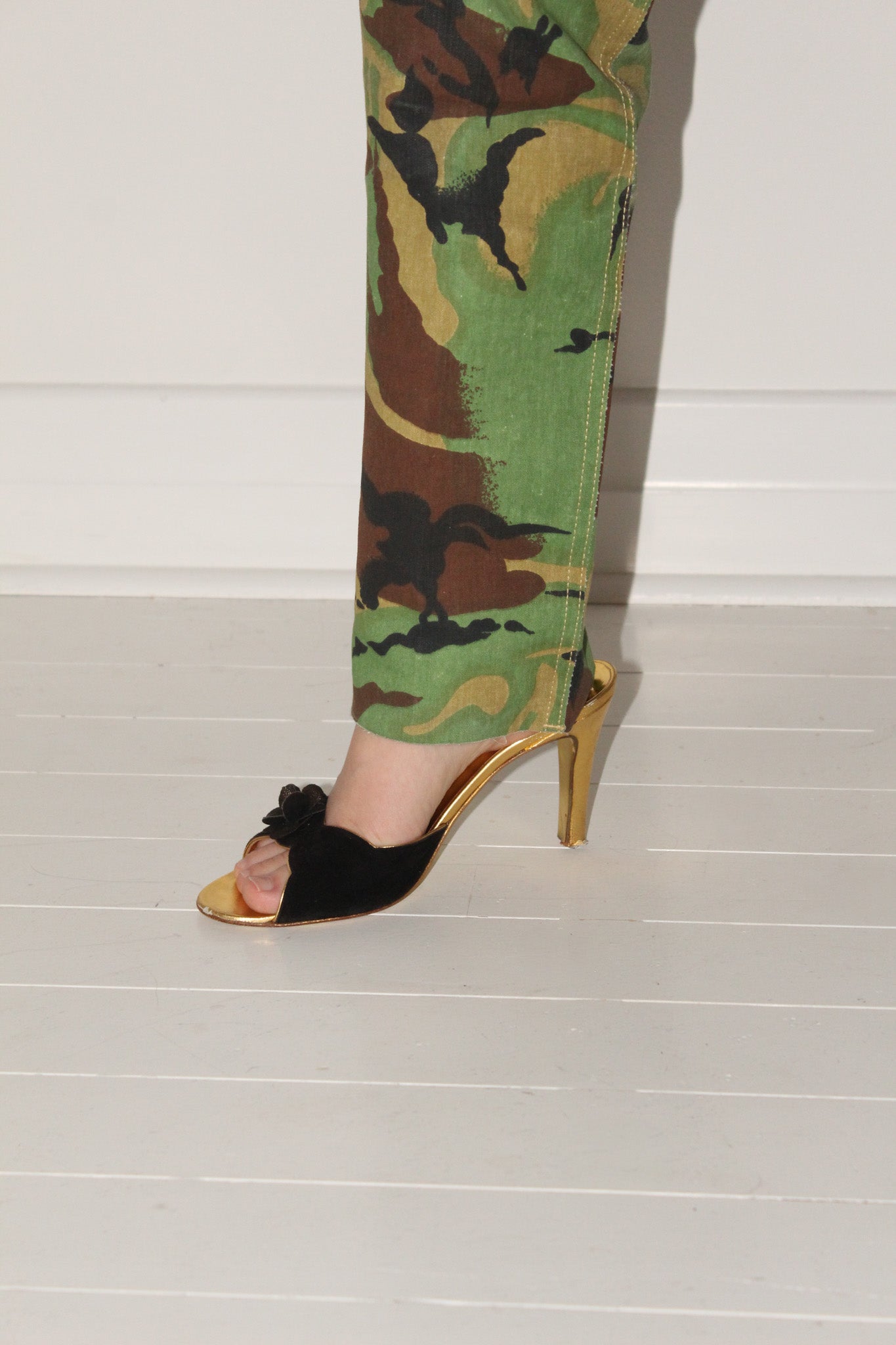 Bruno Magli Couture <br> 1980's suede mules with gold heels & rosette detail