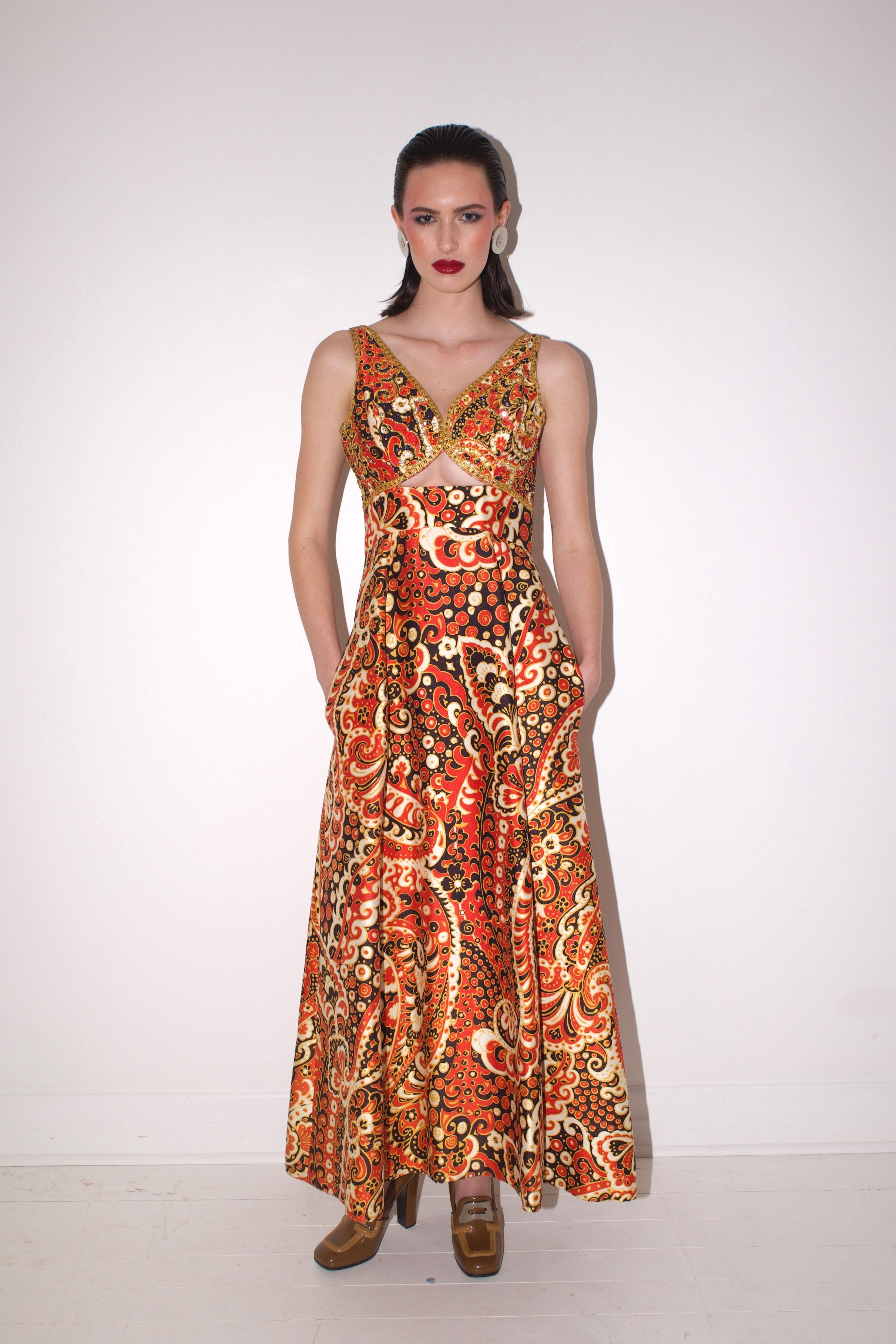 Malcolm Starr by Elinor Simmons <br> S/S 1968 Campaign sequin & bead embellished cut-out maxi dress