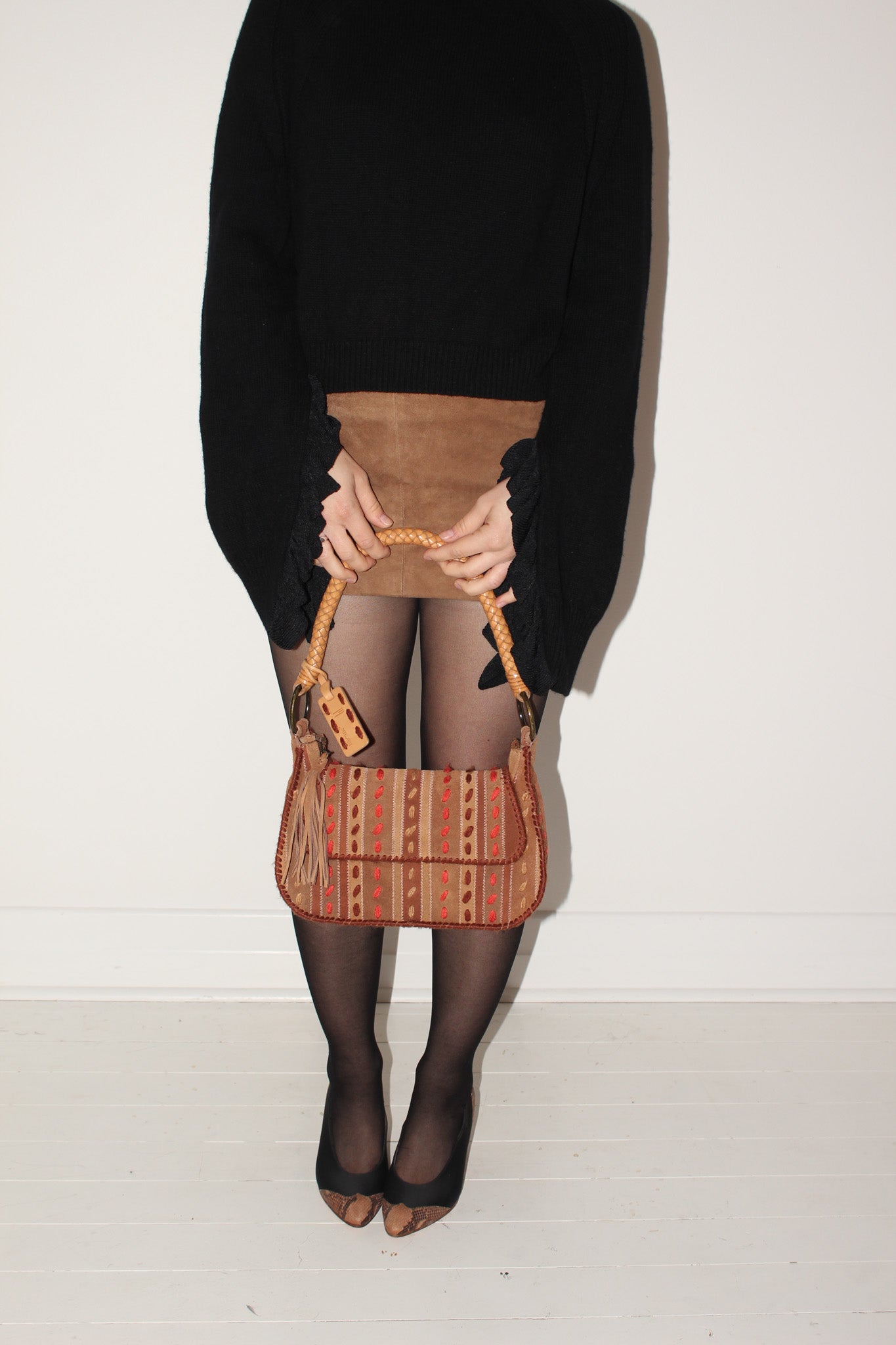Missoni <br> 2000's embroidered suede bag with braided leather strap