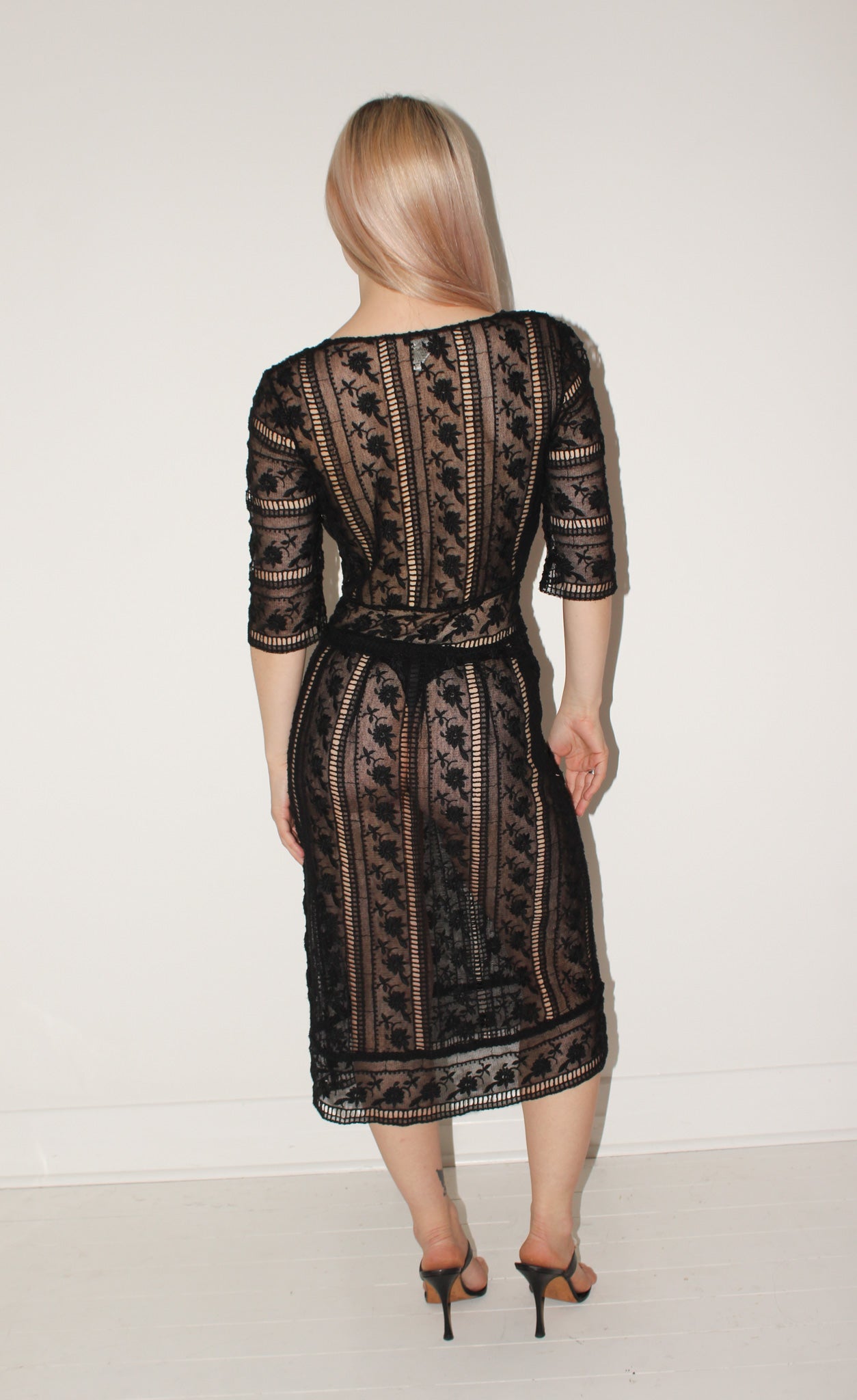 Collette Dinnigan <br> 90's sheer embroidered black lace panel work dress