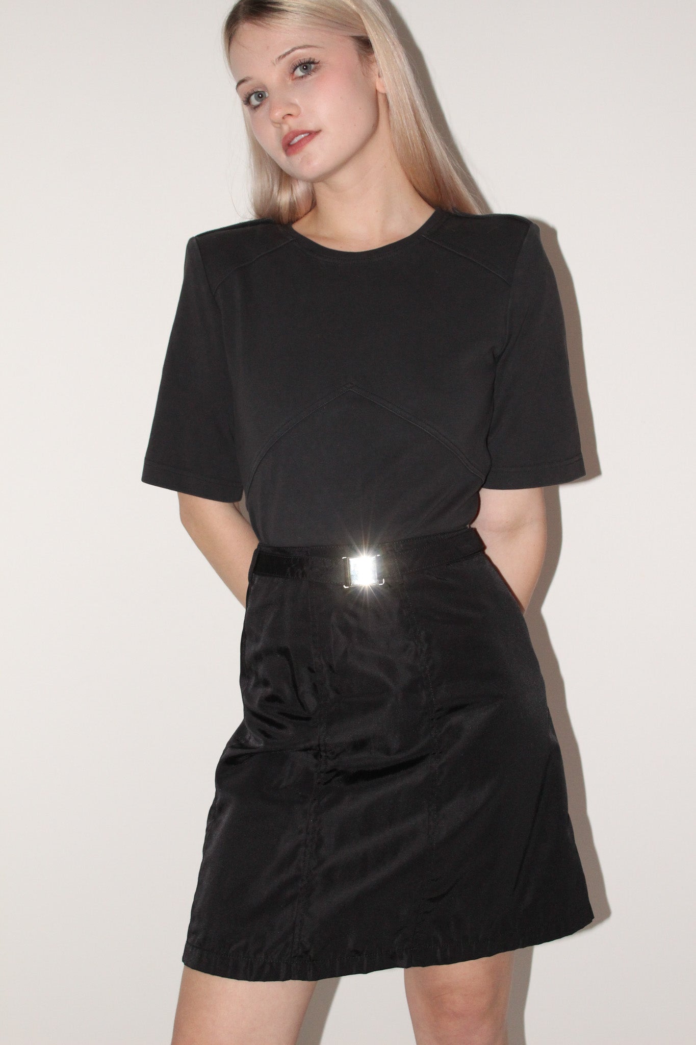 Prada <br> F/W 1994 nylon skirt with logo buckle belt