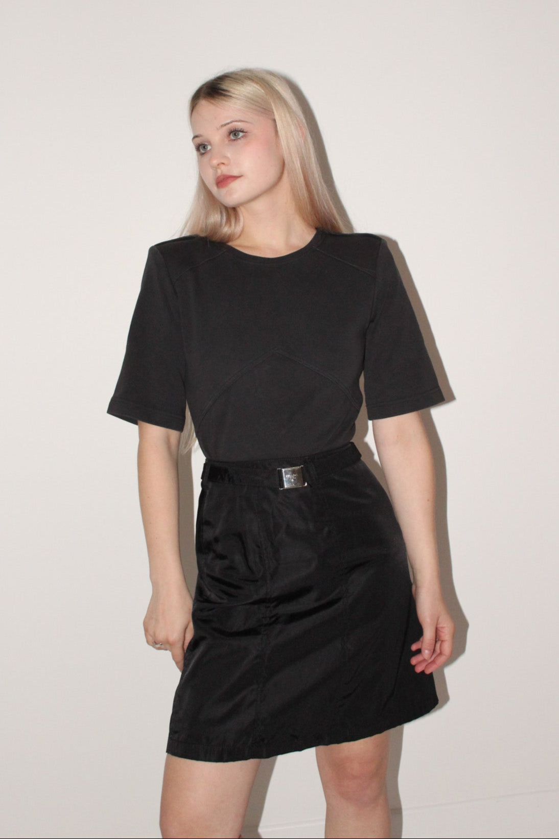 Prada <br> F/W 1994 nylon skirt with logo buckle belt