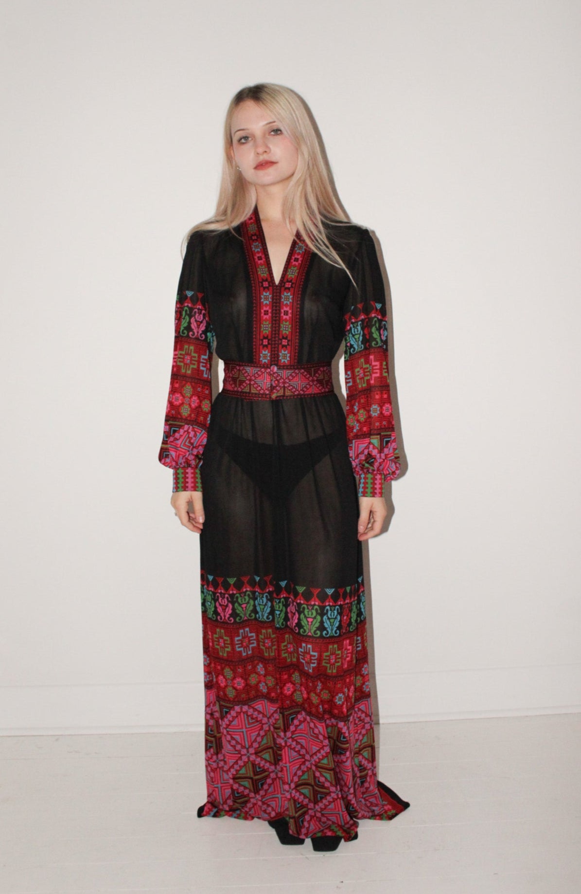 Gottex <br> 70's sheer printed maxi peasant gown