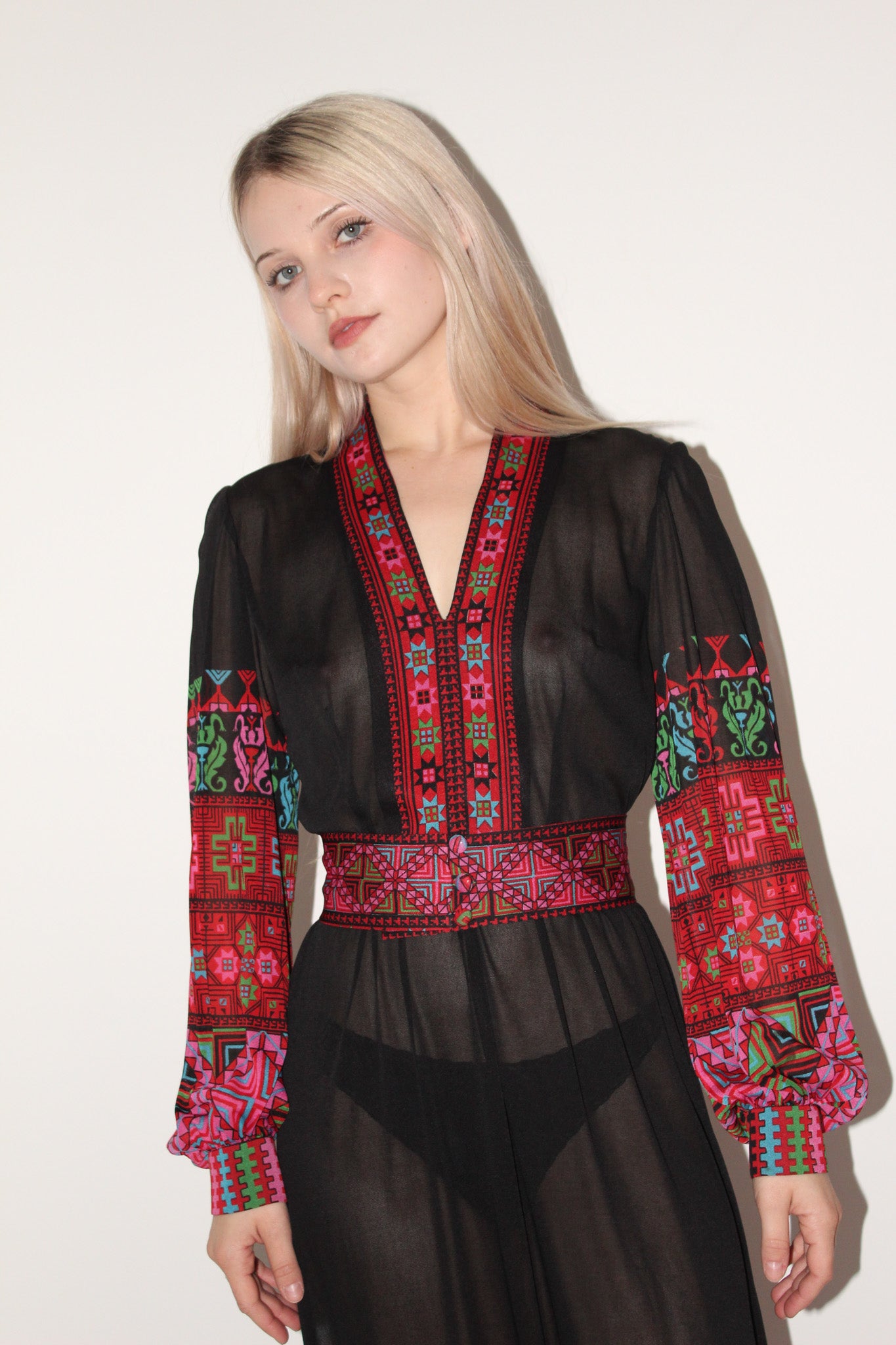 Gottex <br> 70's sheer printed maxi peasant gown