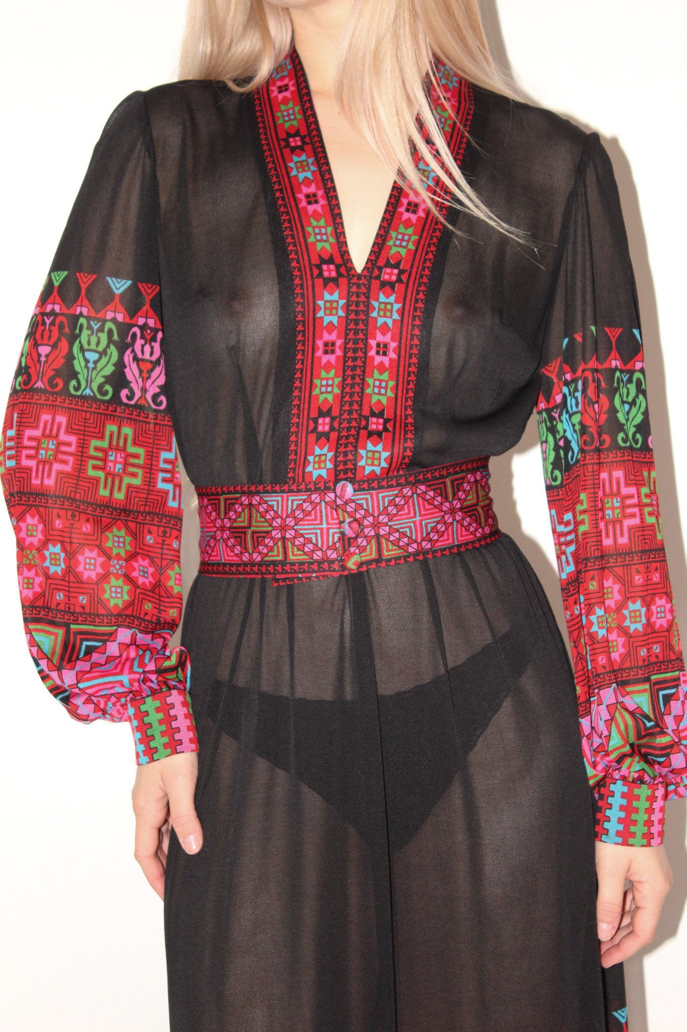 Gottex <br> 70's sheer printed maxi peasant gown