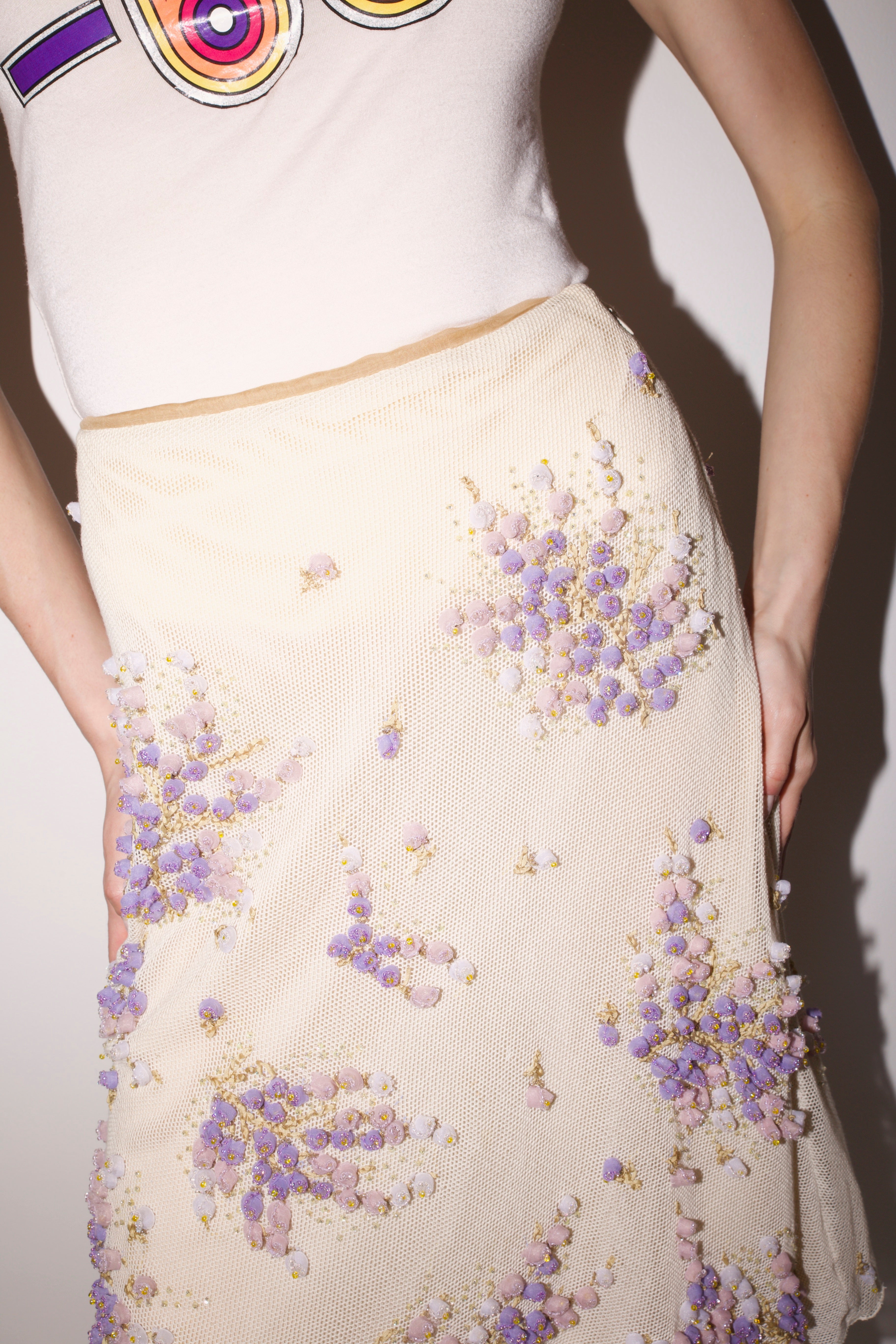 Valentino <br> S/S 2000 runway mesh & silk chiffon skirt with beaded floral appliqué