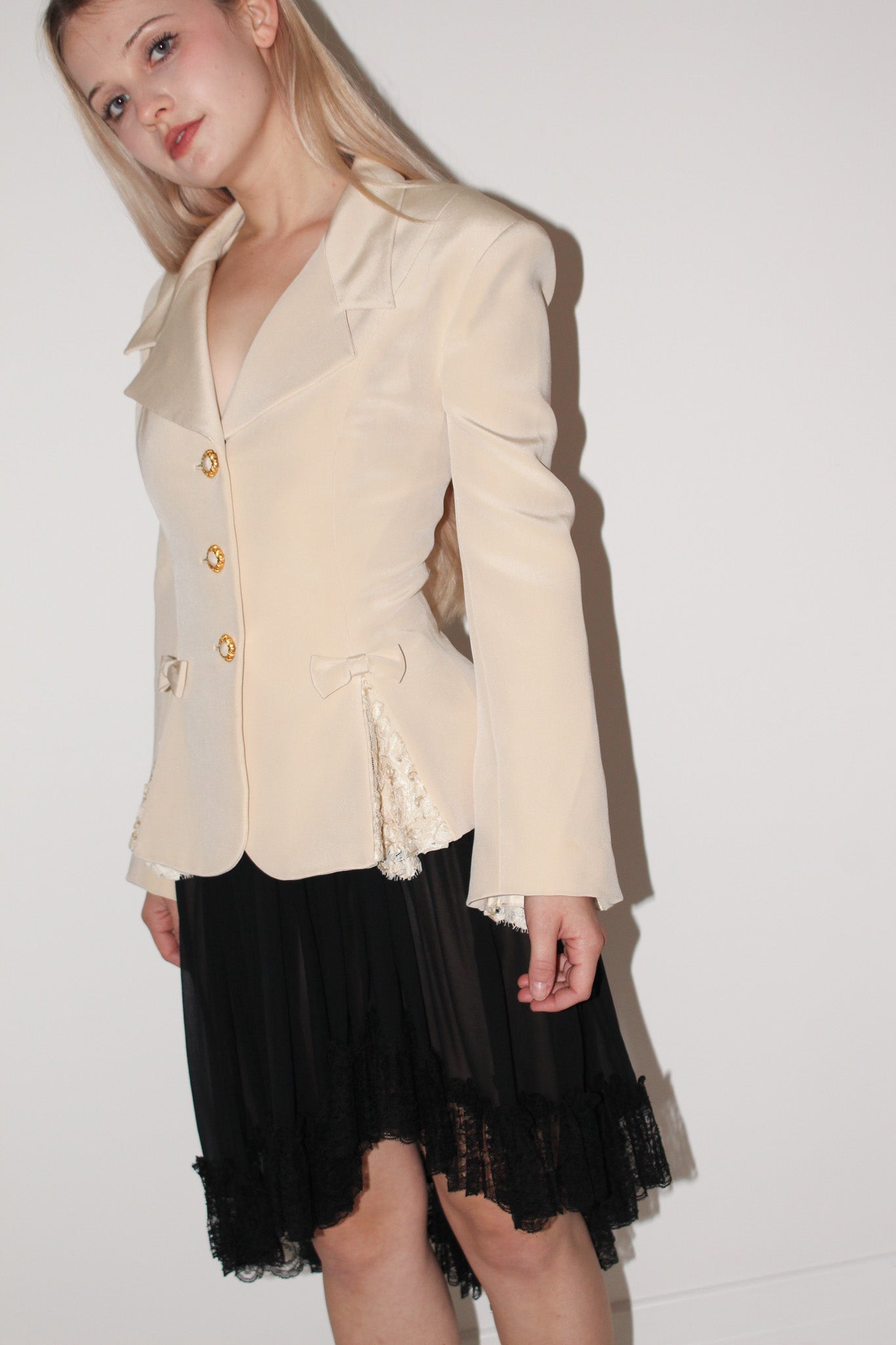 Louis Feraud <br> 80's tailored jacket with lace insets & bows