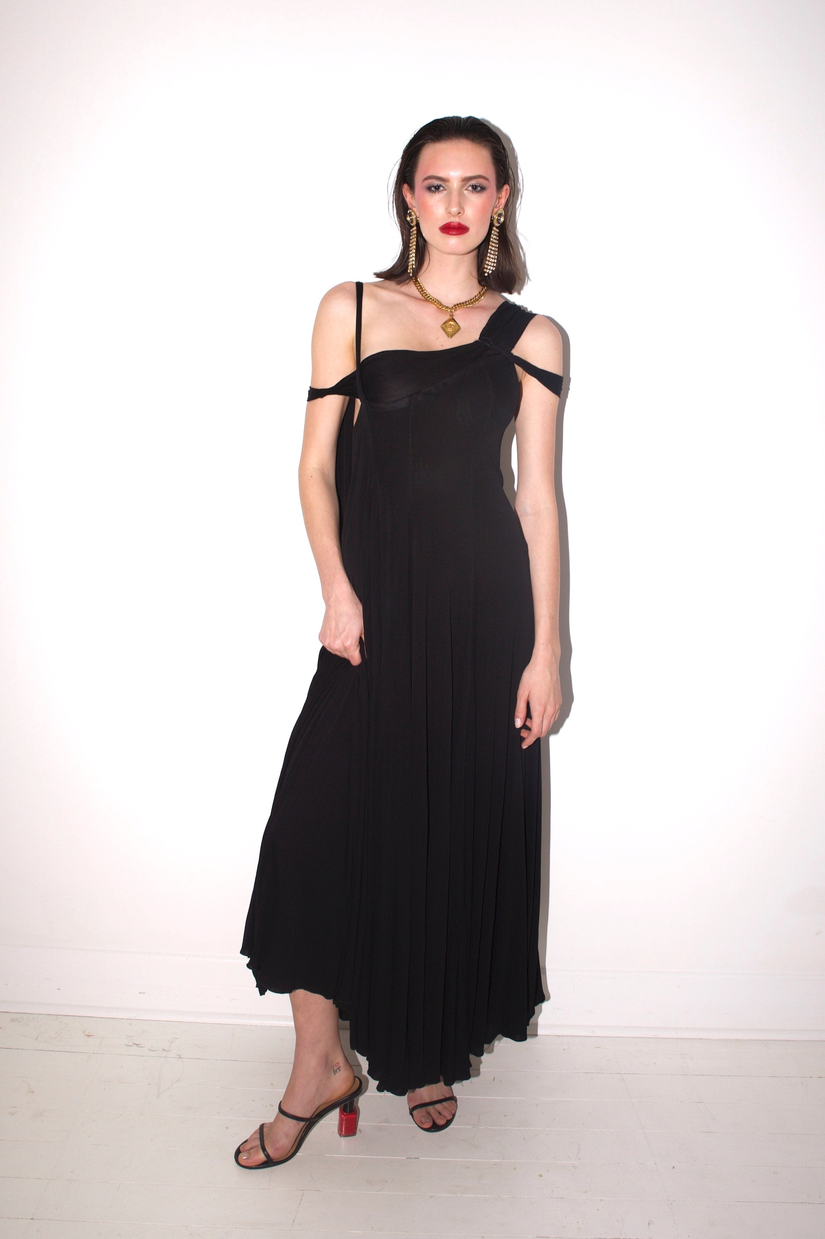 Holly Harp <br> 70's jersey draped gown with strappy neck & back detail