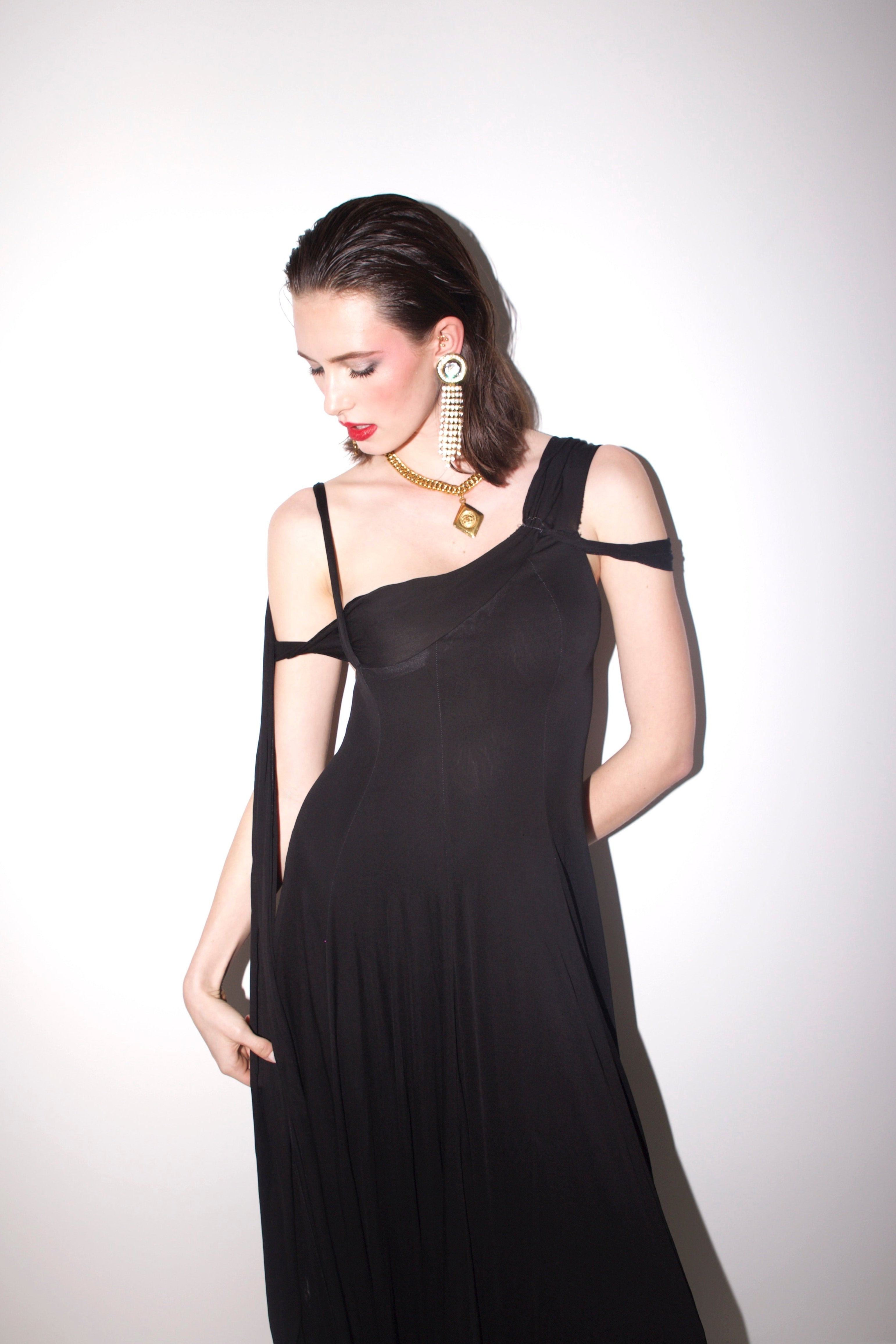 Holly Harp <br> 70's jersey draped gown with strappy neck & back detail