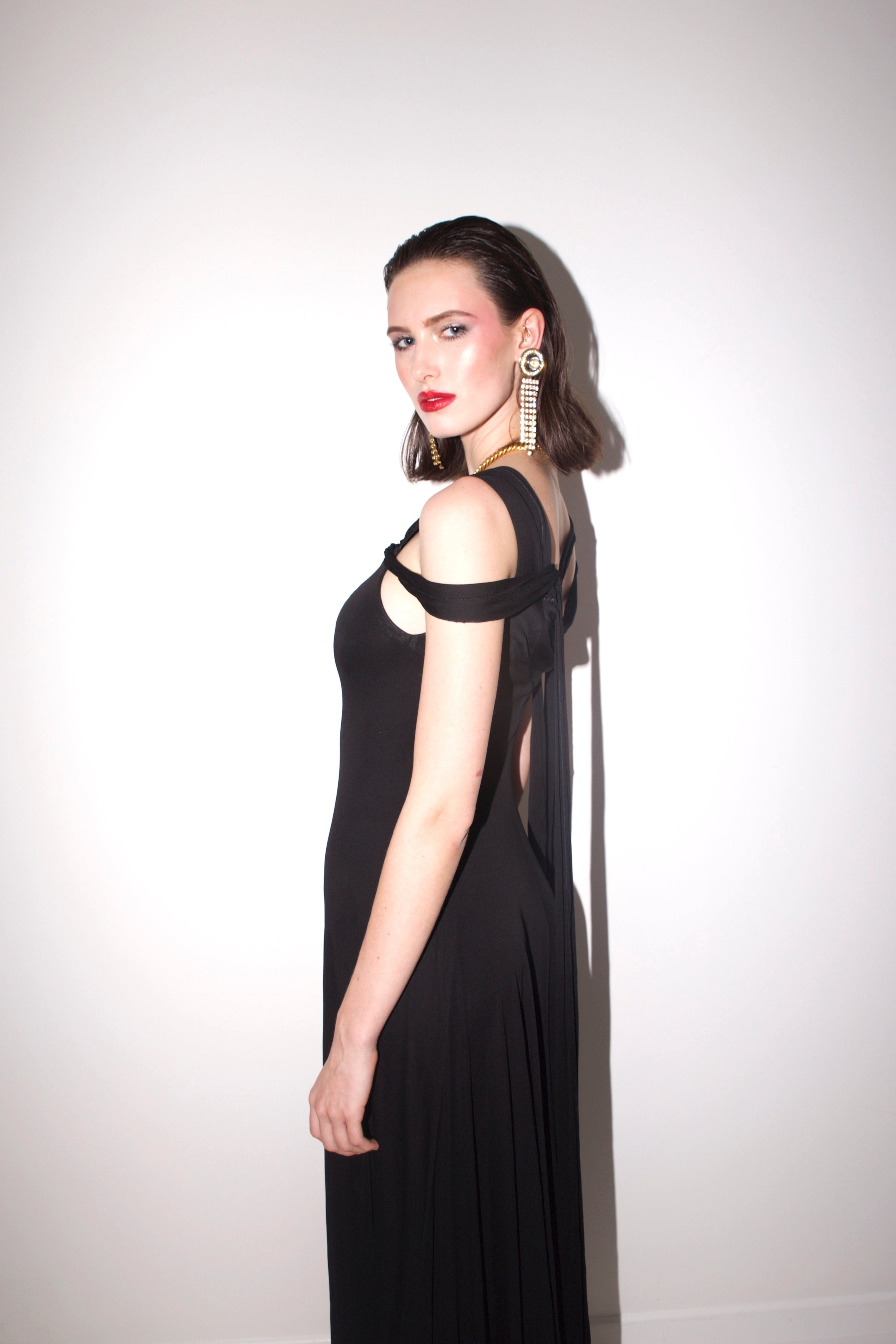 Holly Harp <br> 70's jersey draped gown with strappy neck & back detail