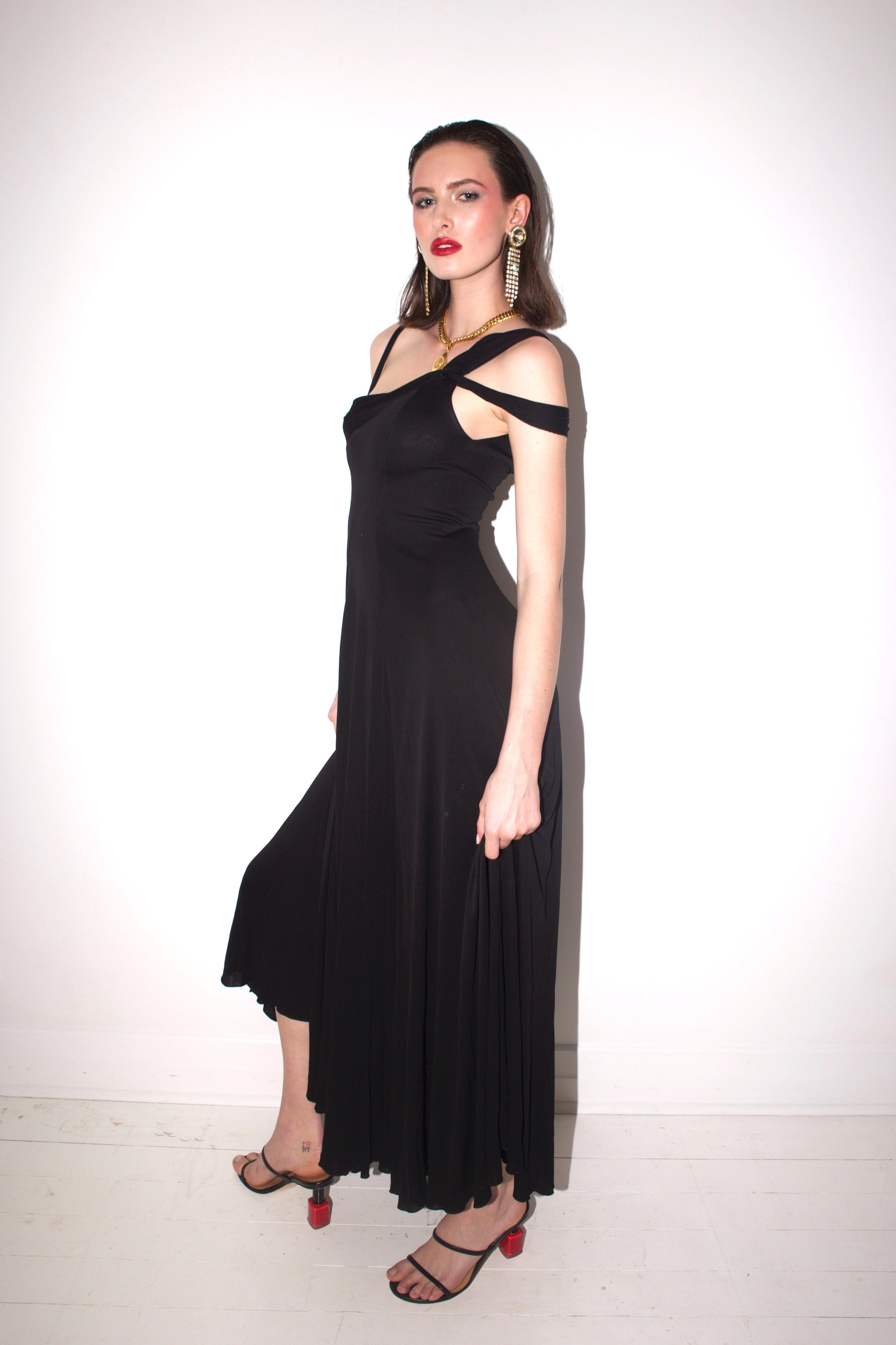 Holly Harp <br> 70's jersey draped gown with strappy neck & back detail