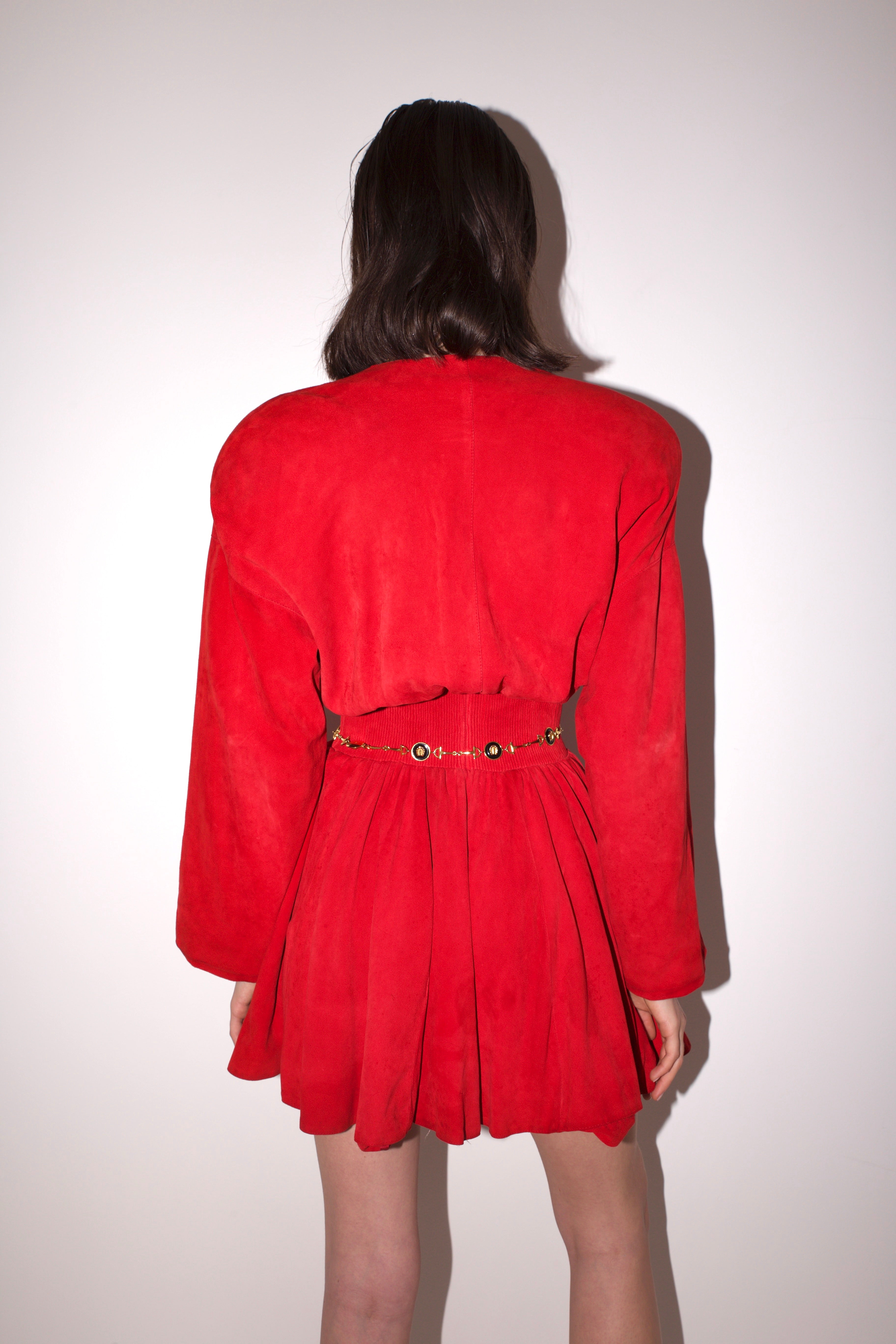 Donna Karan <br> F/W 1986 red suede flared skirt mini dress