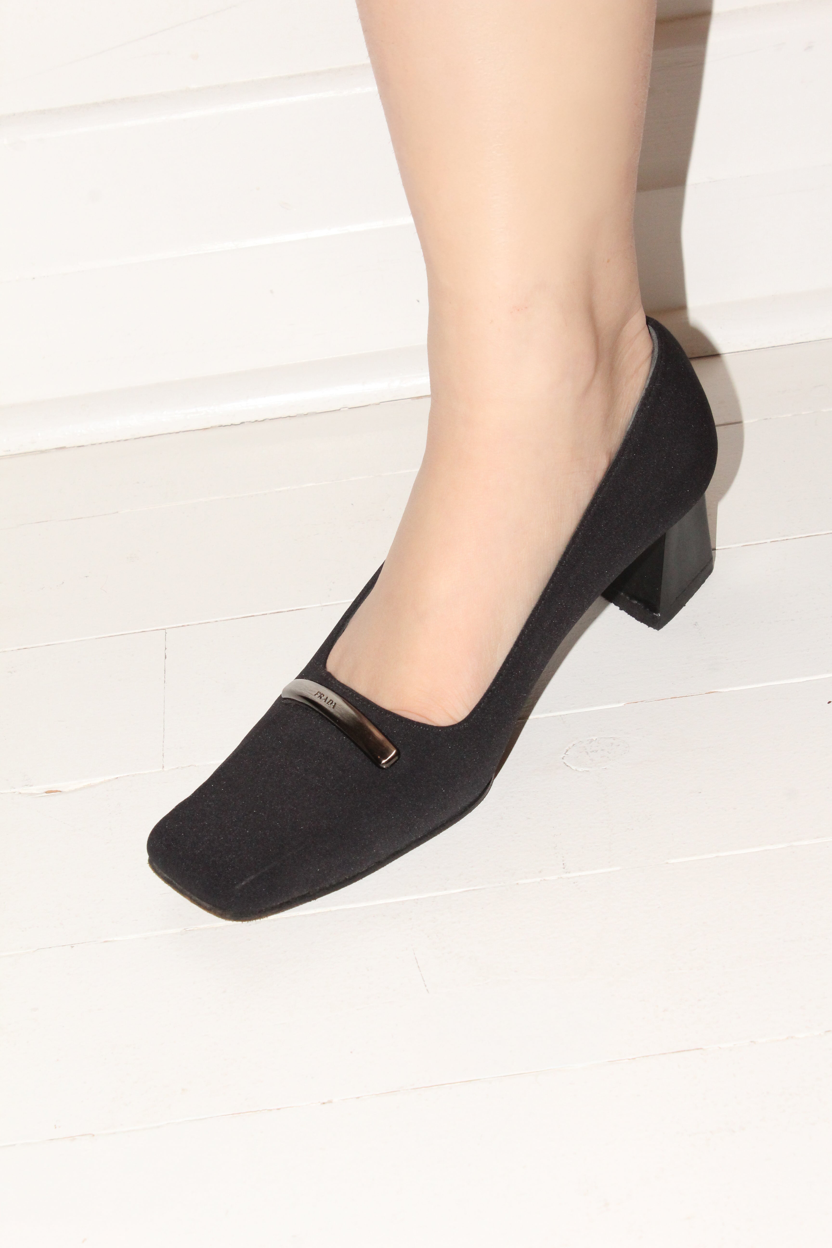 Prada <br> 90's square toe logo sculptural heel pumps