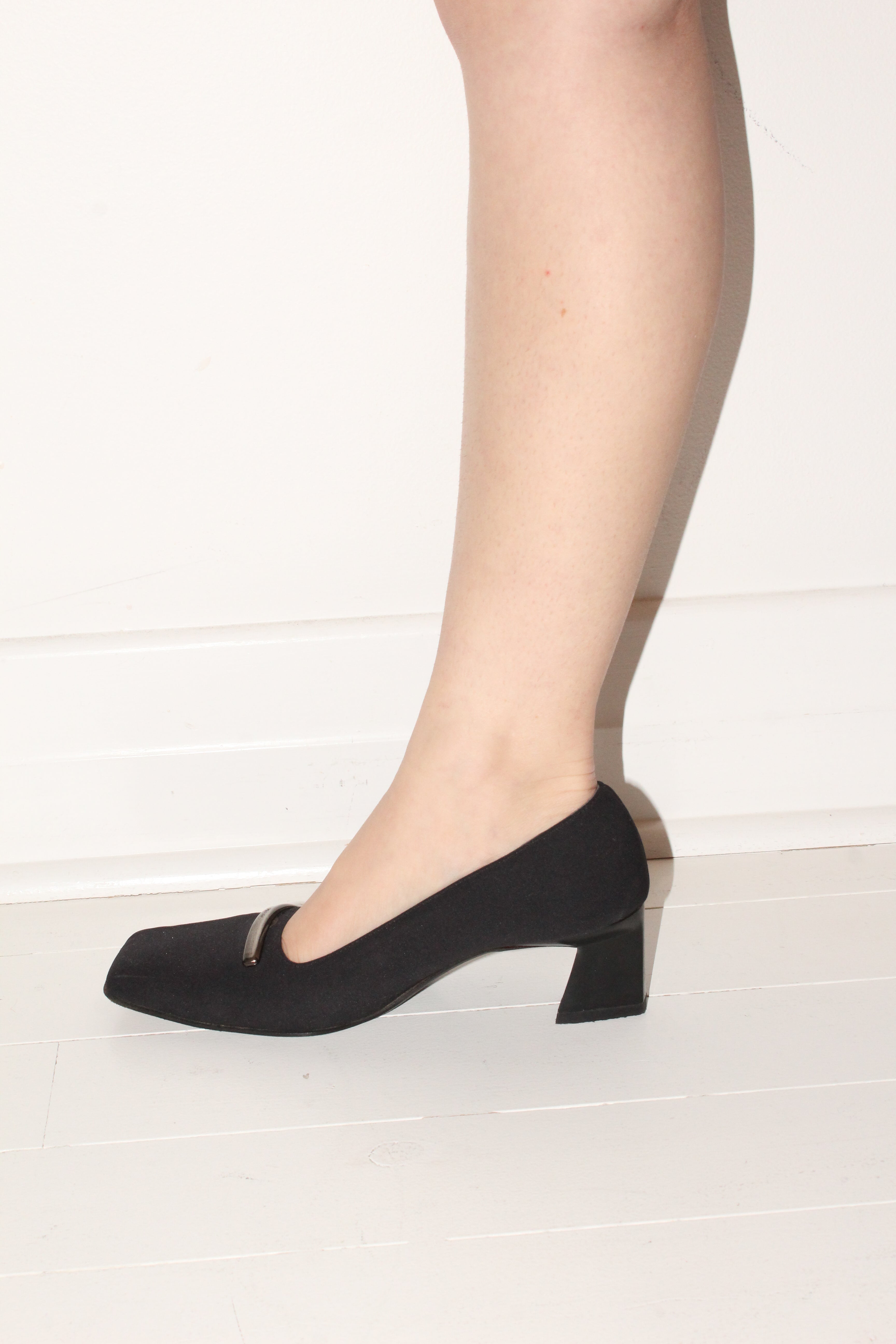 Prada <br> 90's square toe logo sculptural heel pumps