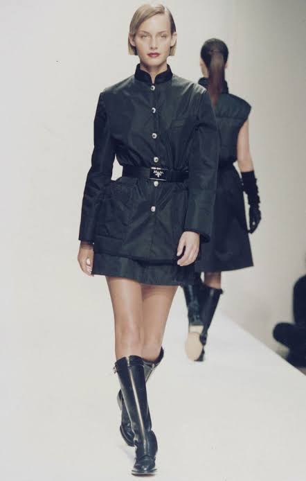 Prada <br> F/W 1994 nylon skirt with logo buckle belt