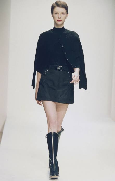 Prada <br> F/W 1994 nylon skirt with logo buckle belt