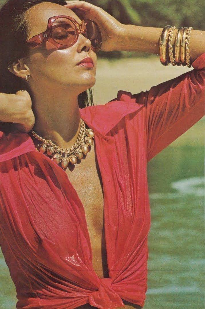 Yves Saint Laurent <br> S/S 1976 campaign oversized pink YSL logo arm sunglasses