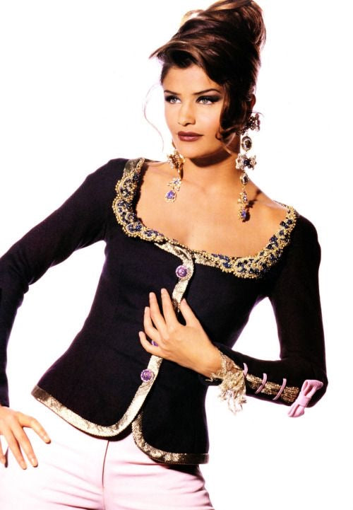 Gianni Versace <br> S/S 1992 Couture runway & campaign beaded collar jacket with lace & ribbon detail