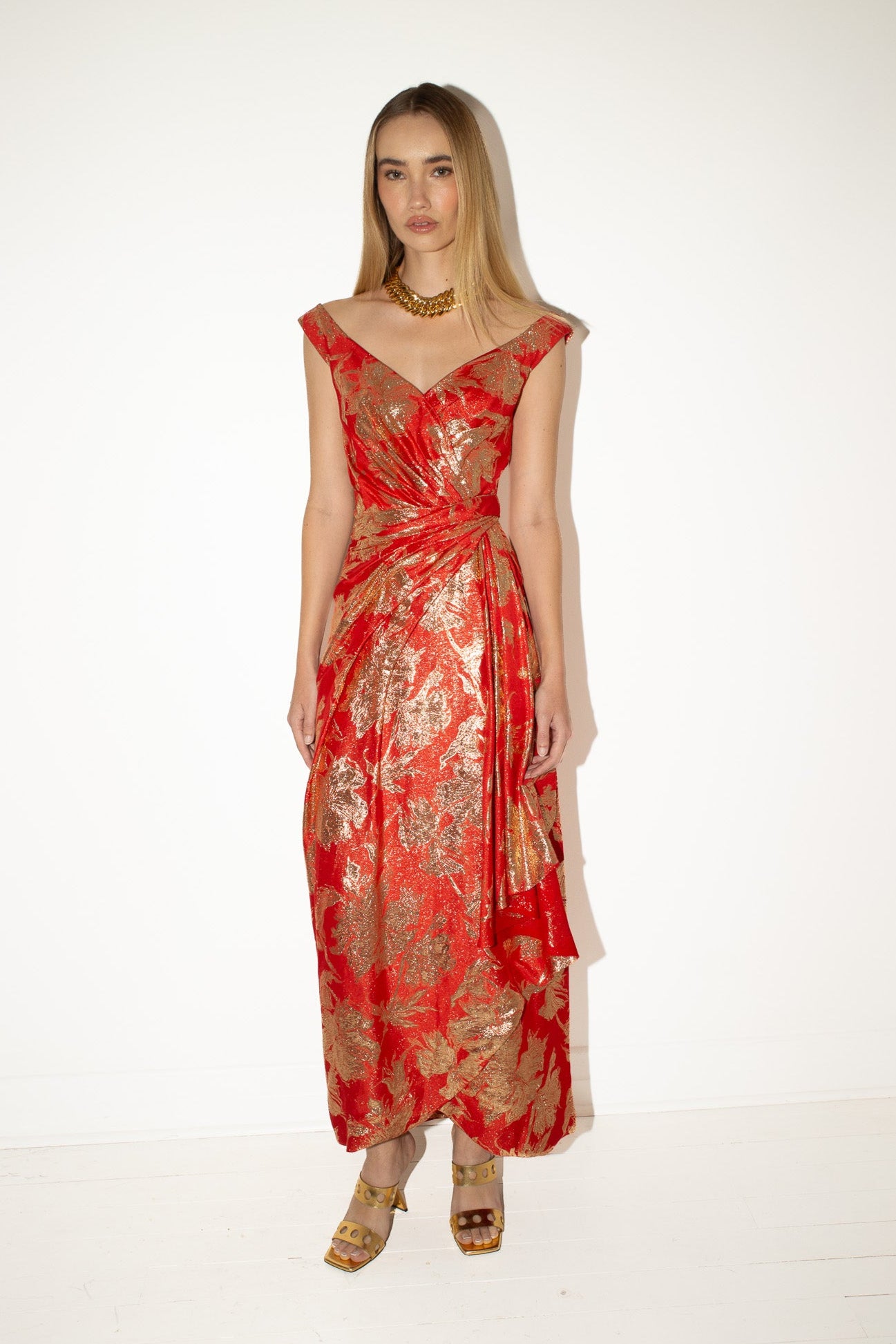 Arnold Scaasi <br> 60's Couture metallic brocade draped wrap gown