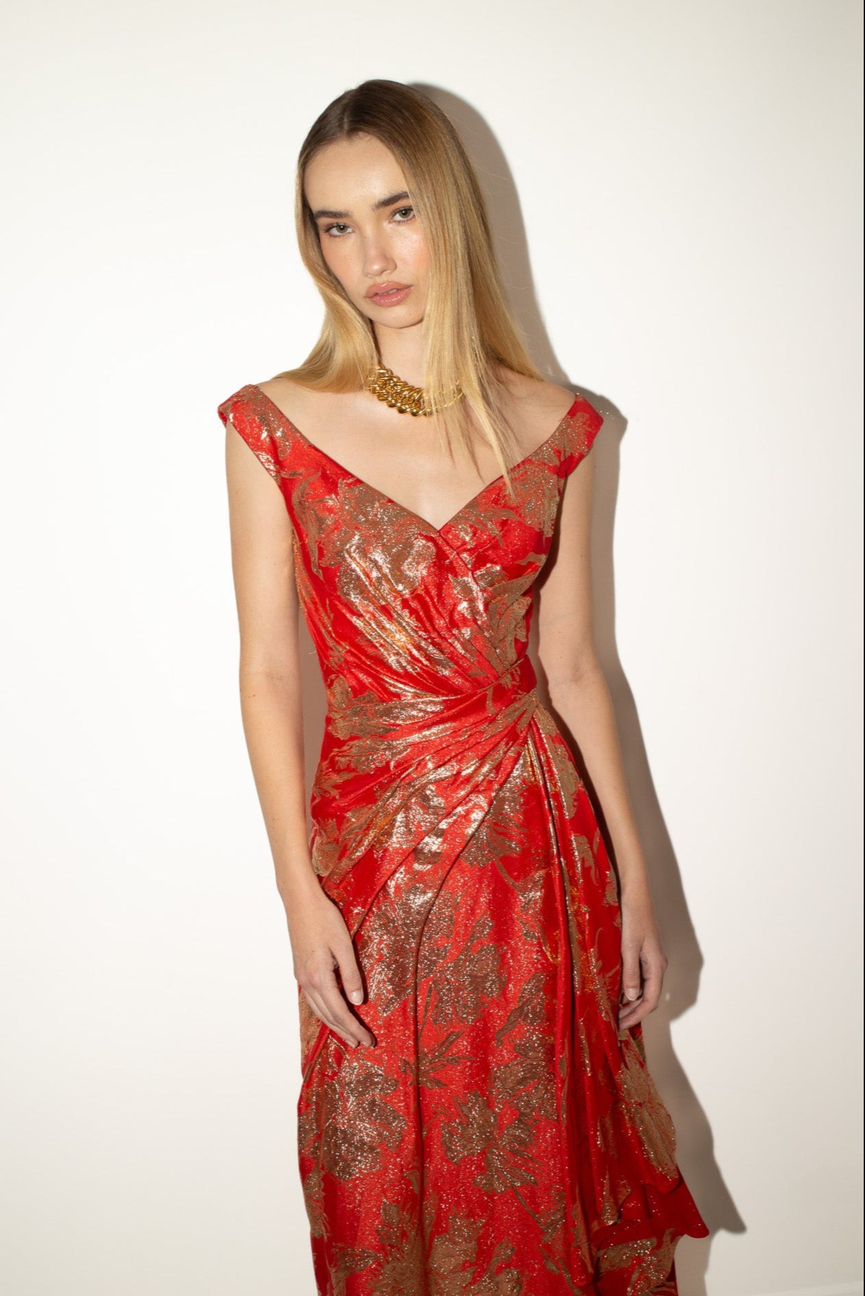 Arnold Scaasi <br> 60's Couture metallic brocade draped wrap gown