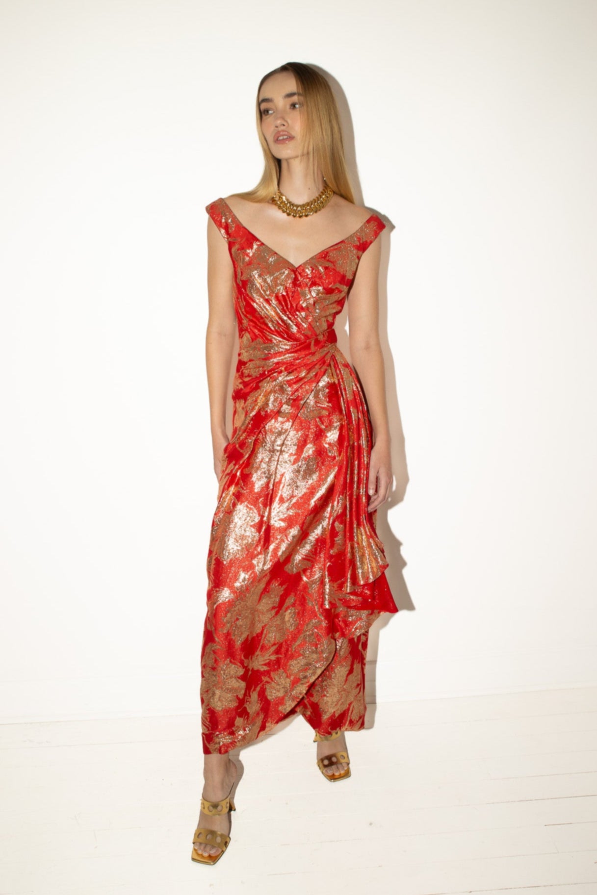 Arnold Scaasi <br> 60's Couture metallic brocade draped wrap gown