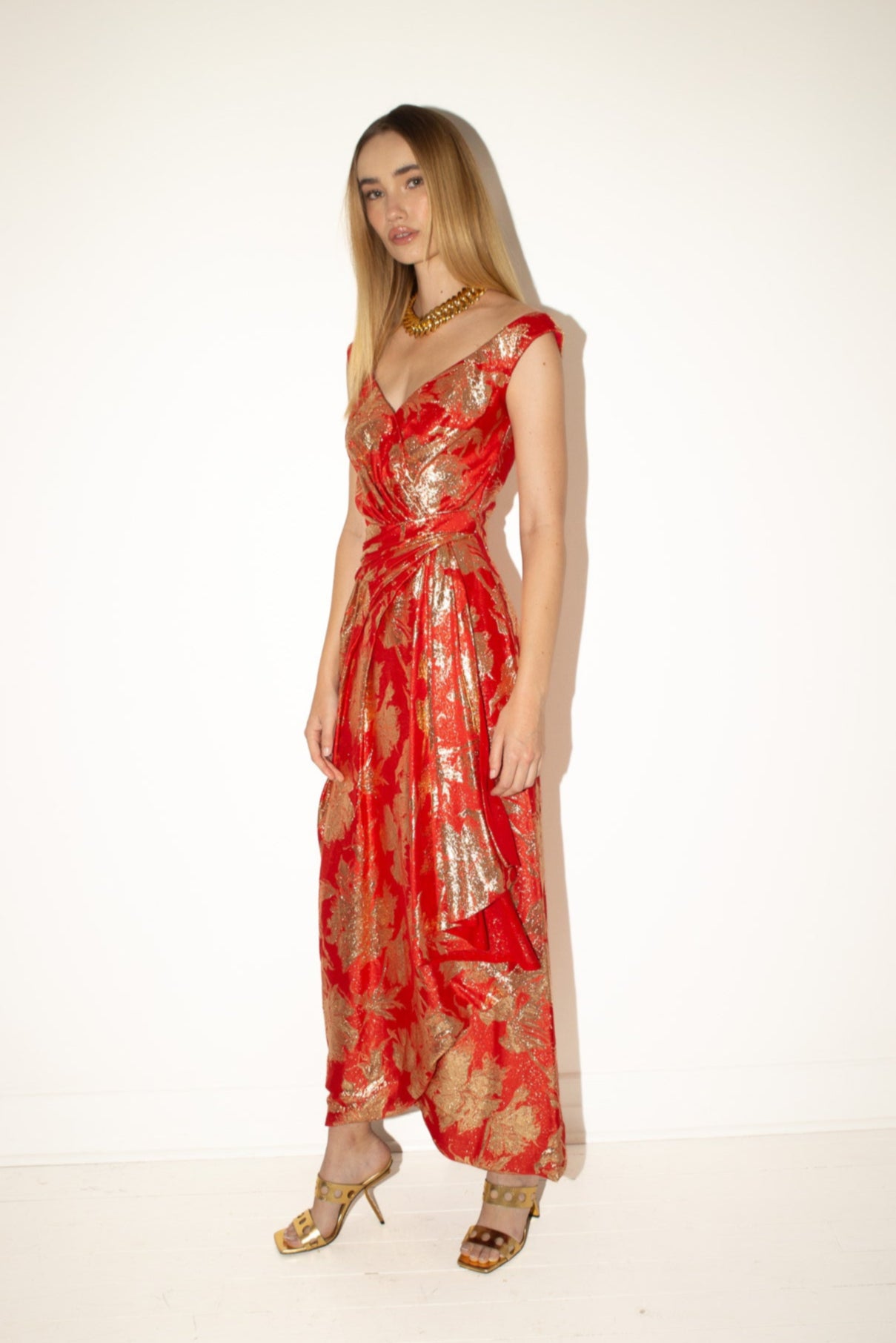 Arnold Scaasi <br> 60's Couture metallic brocade draped wrap gown