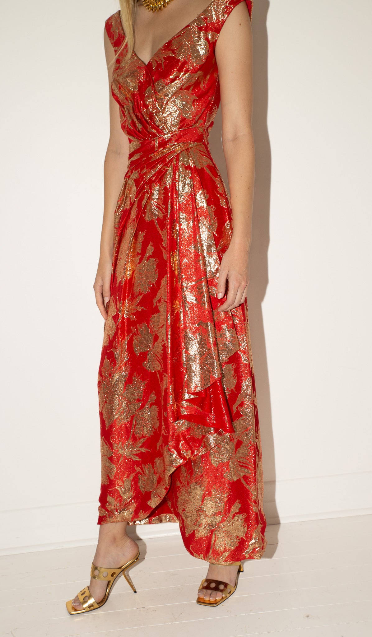 Arnold Scaasi <br> 60's Couture metallic brocade draped wrap gown
