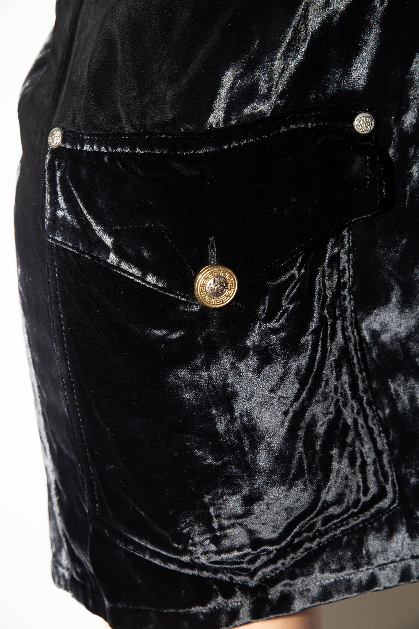 Versace <br> 90's velvet pinafore dress with Medusa buttons & hardware
