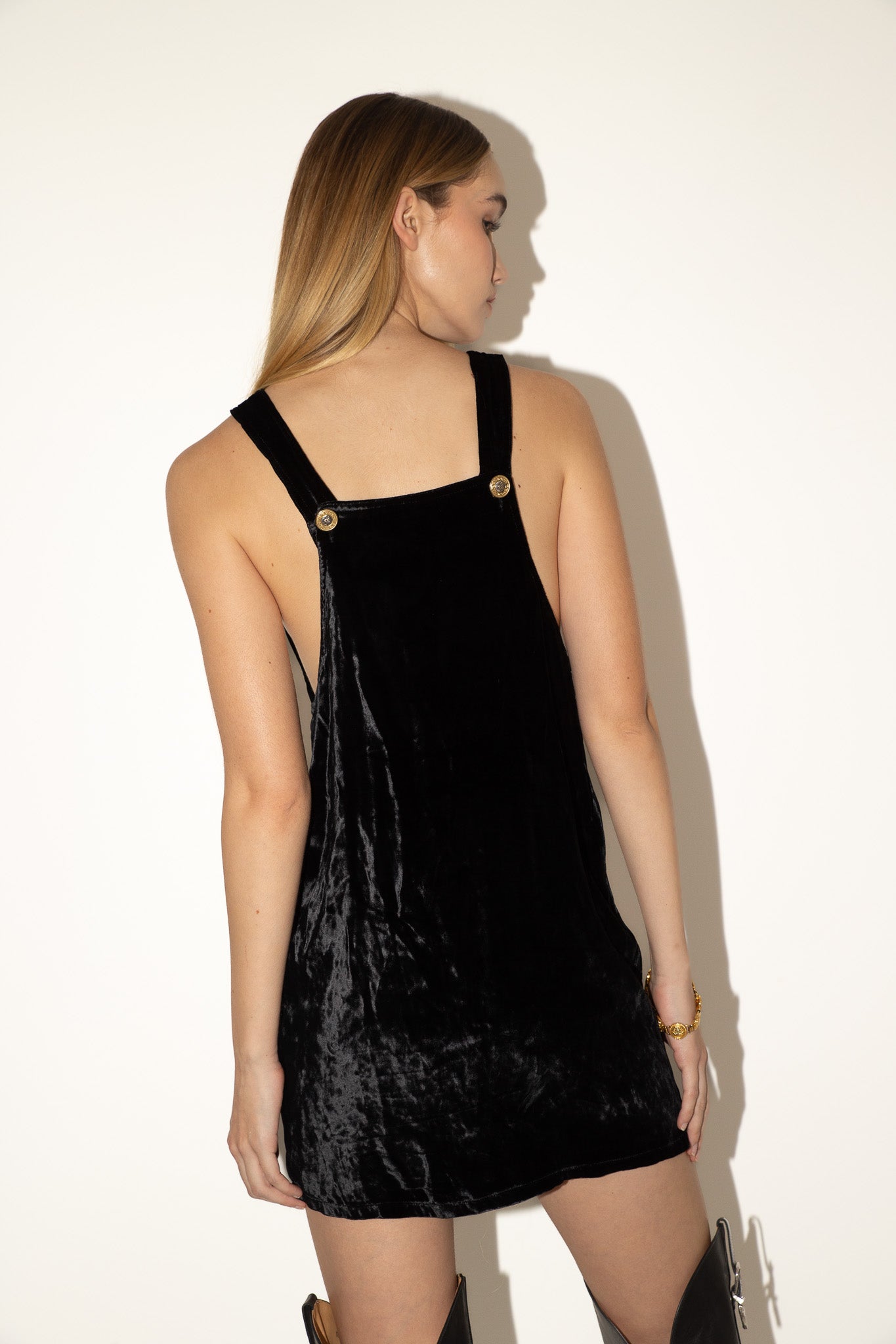 Versace <br> 90's velvet pinafore dress with Medusa buttons & hardware