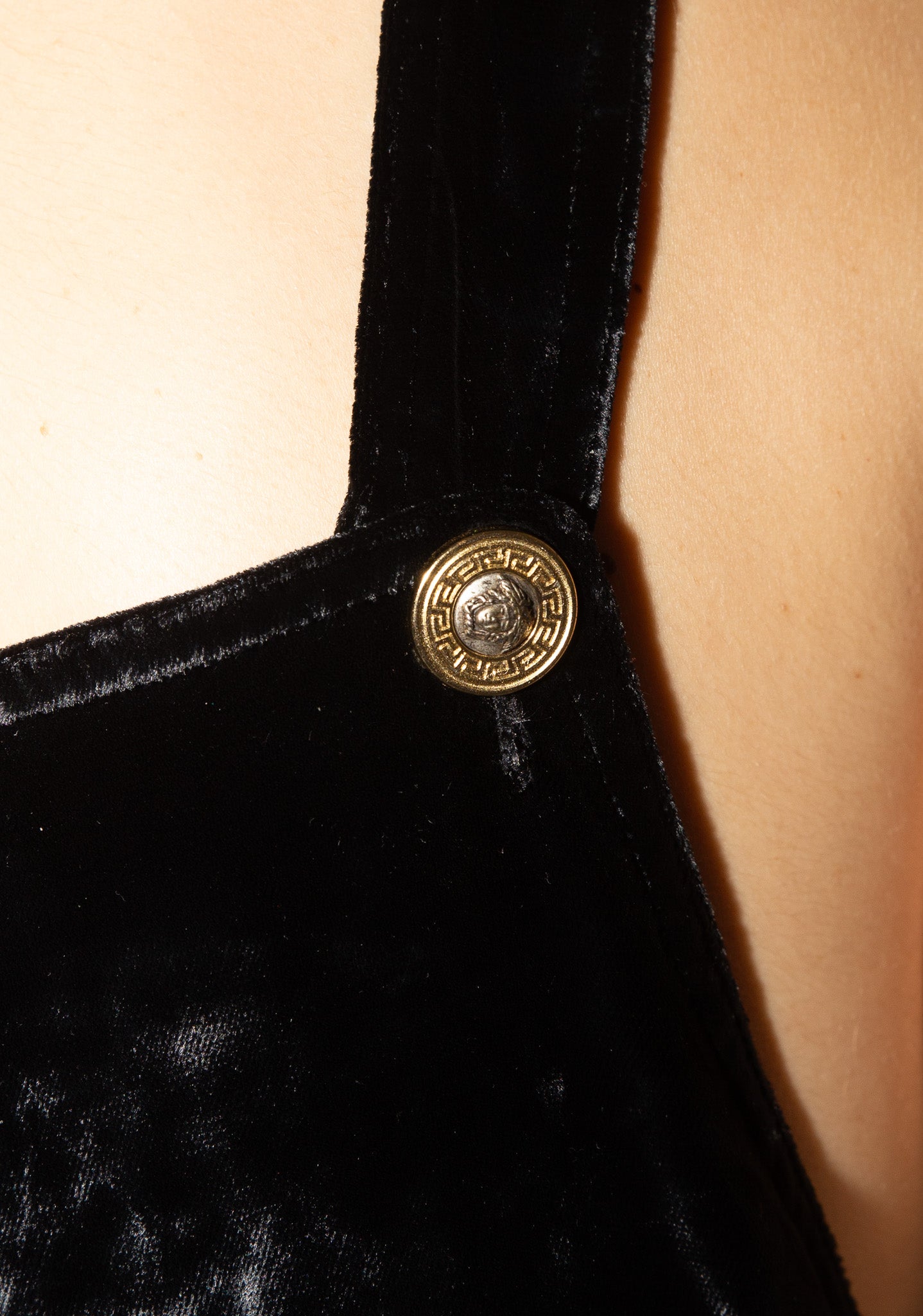 Versace <br> 90's velvet pinafore dress with Medusa buttons & hardware
