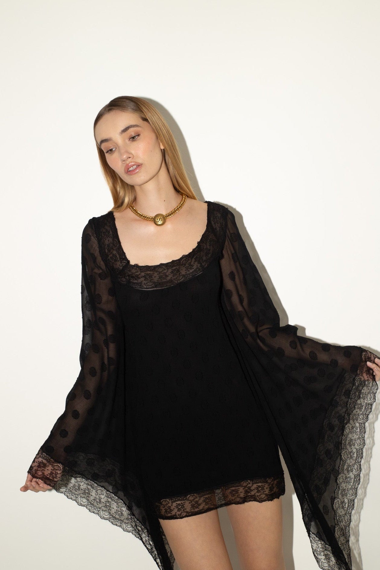 Valentino <br> F/W 1994 runway & campaign silk chiffon dramatic sleeve dress
