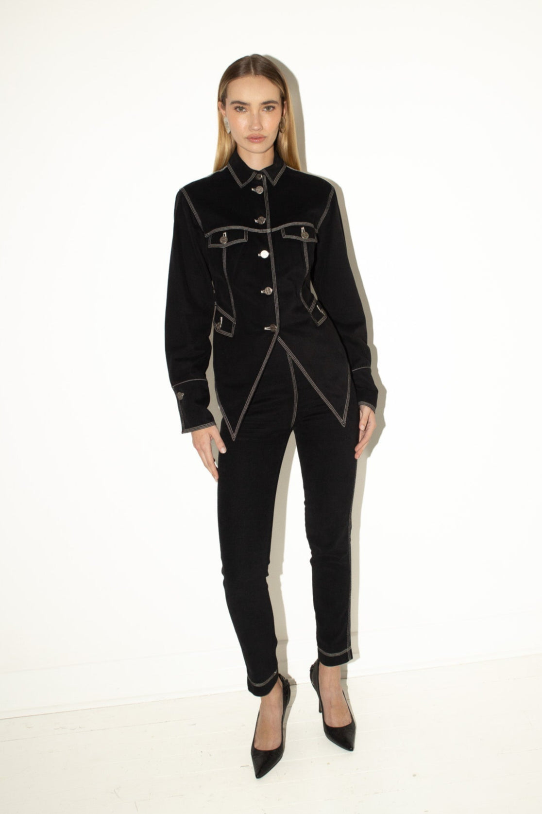 Rifat Ozbek <br> 90's embroidered denim two piece jacket & pant set