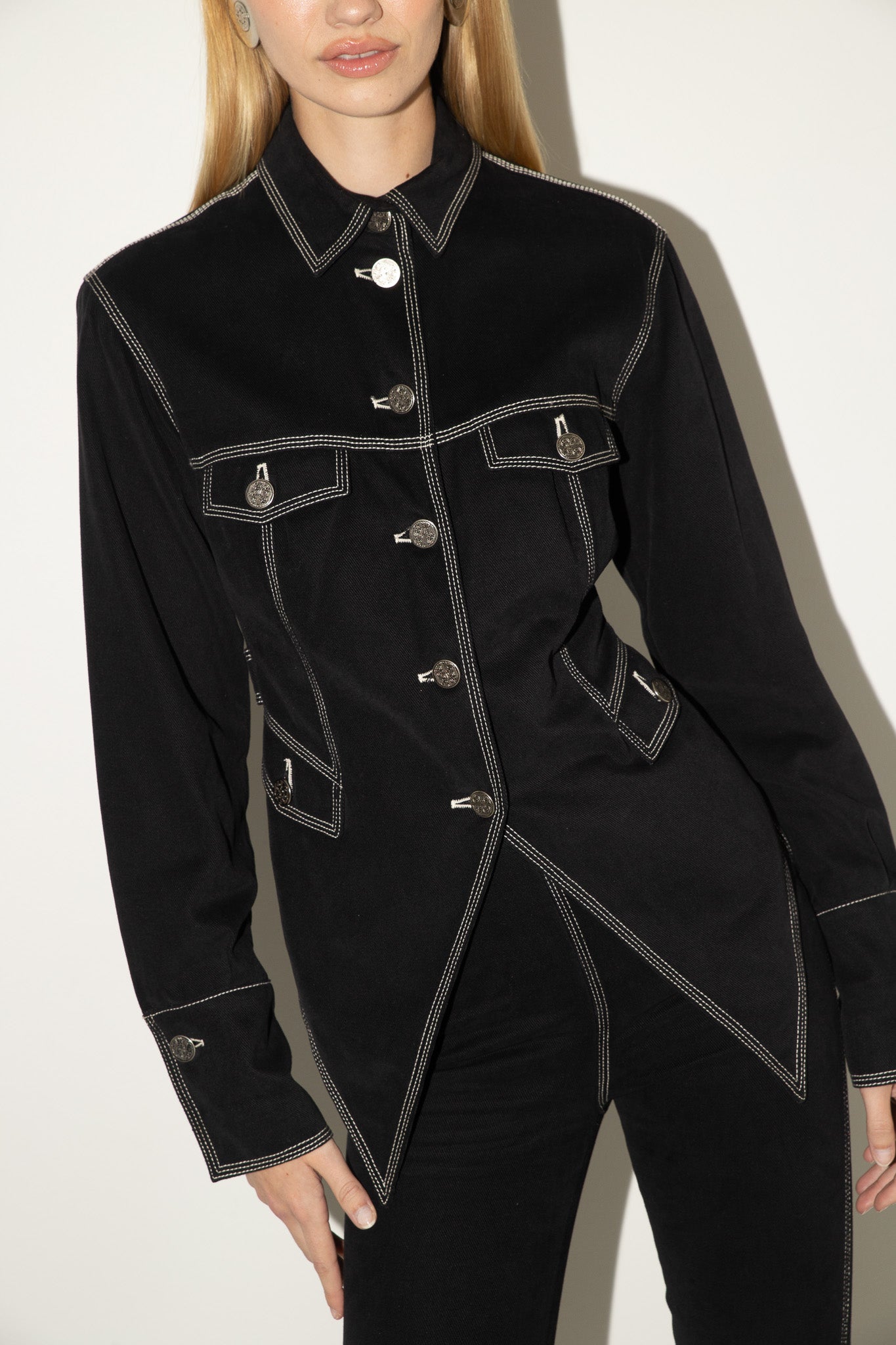 Rifat Ozbek <br> 90's embroidered denim two piece jacket & pant set