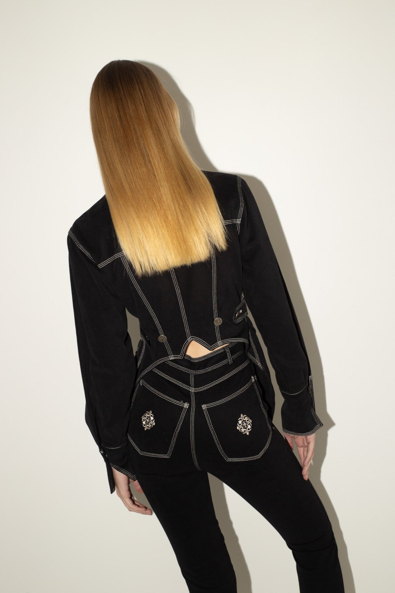 Rifat Ozbek <br> 90's embroidered denim two piece jacket & pant set