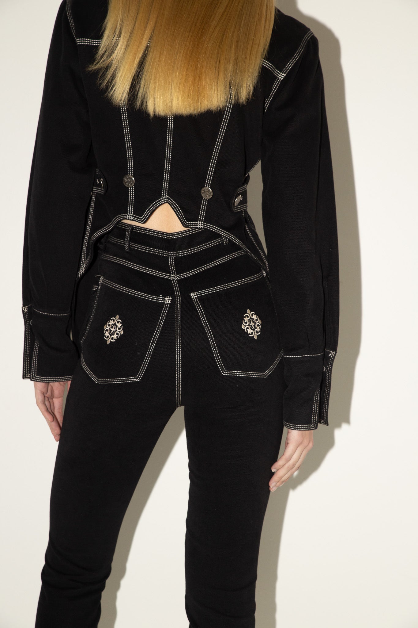 Rifat Ozbek <br> 90's embroidered denim two piece jacket & pant set