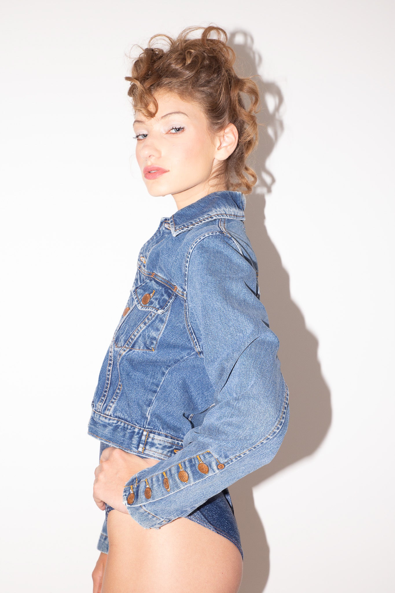 Jean Paul Gaultier <br> 90's denim jacket with back zipper & logo buttons
