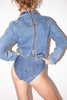 Jean Paul Gaultier <br> 90's denim jacket with back zipper & logo buttons