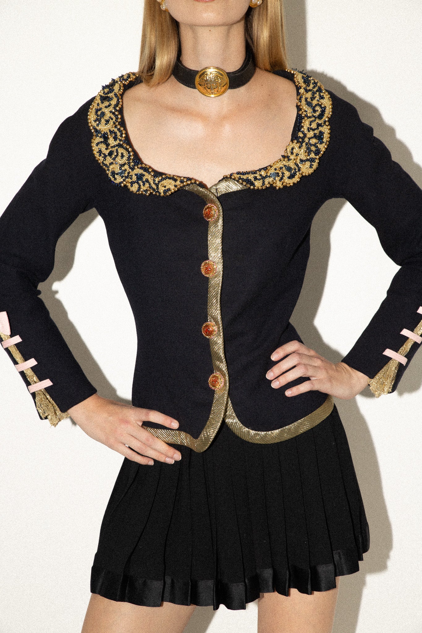 Gianni Versace <br> S/S 1992 Couture runway & campaign beaded collar jacket with lace & ribbon detail